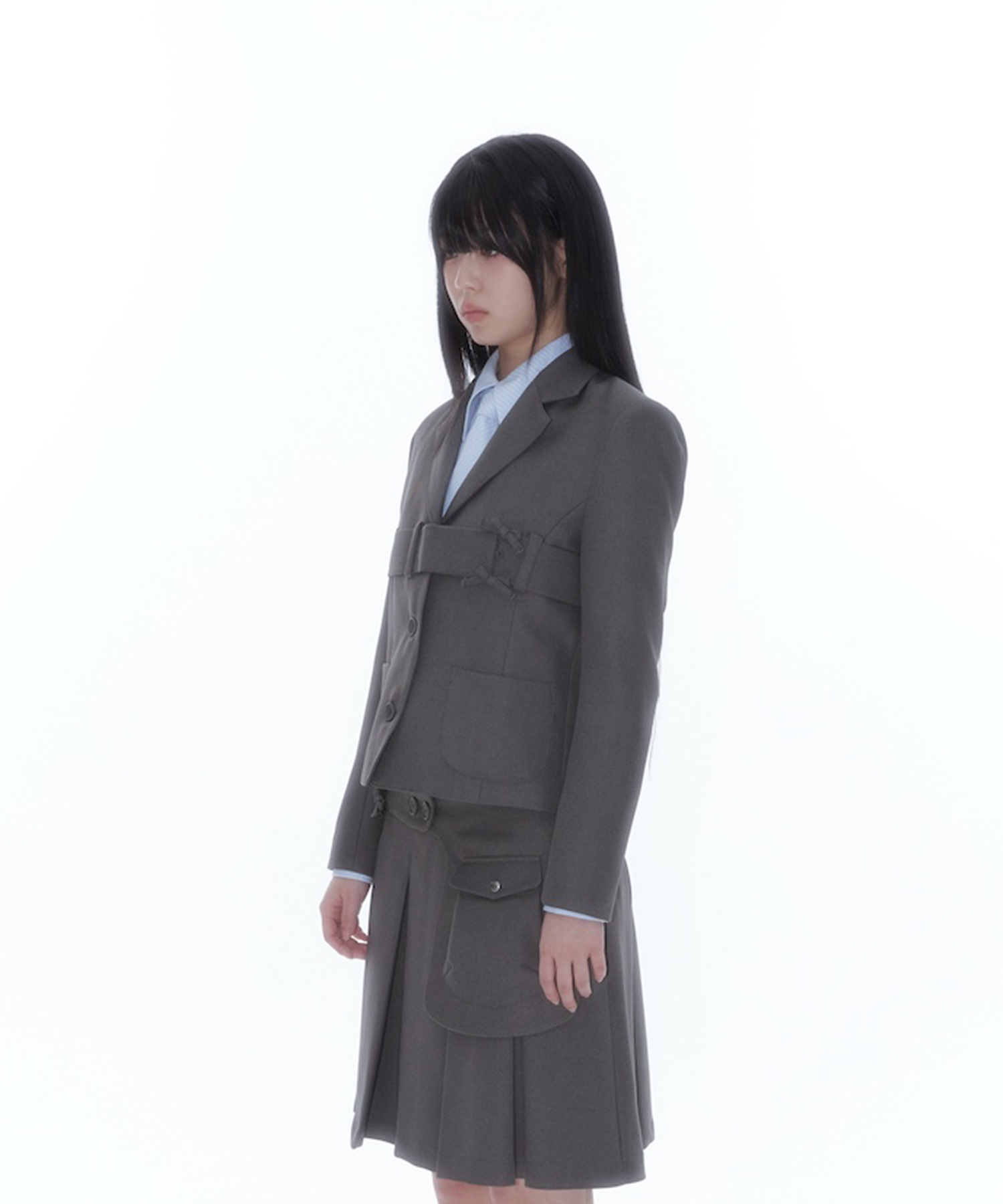 Ribbon Belted Preppy Jacket Charcoal