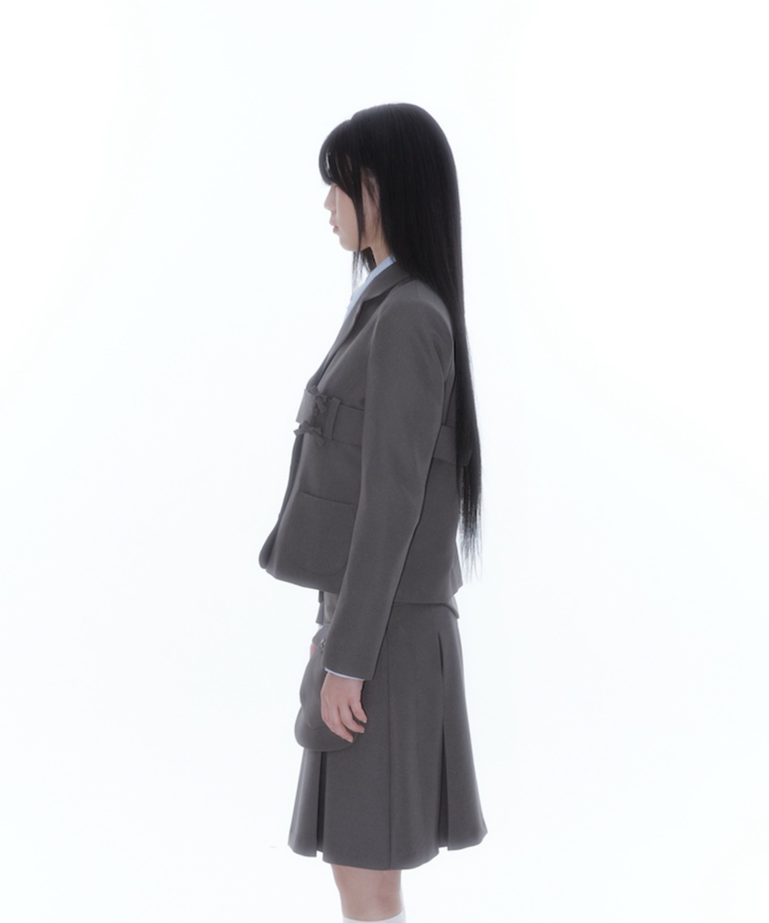 Ribbon Belted Preppy Jacket Charcoal