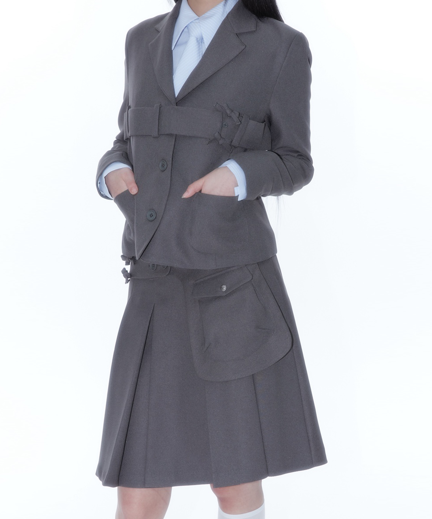 Ribbon Preppy Pleated Skirt Charcoal