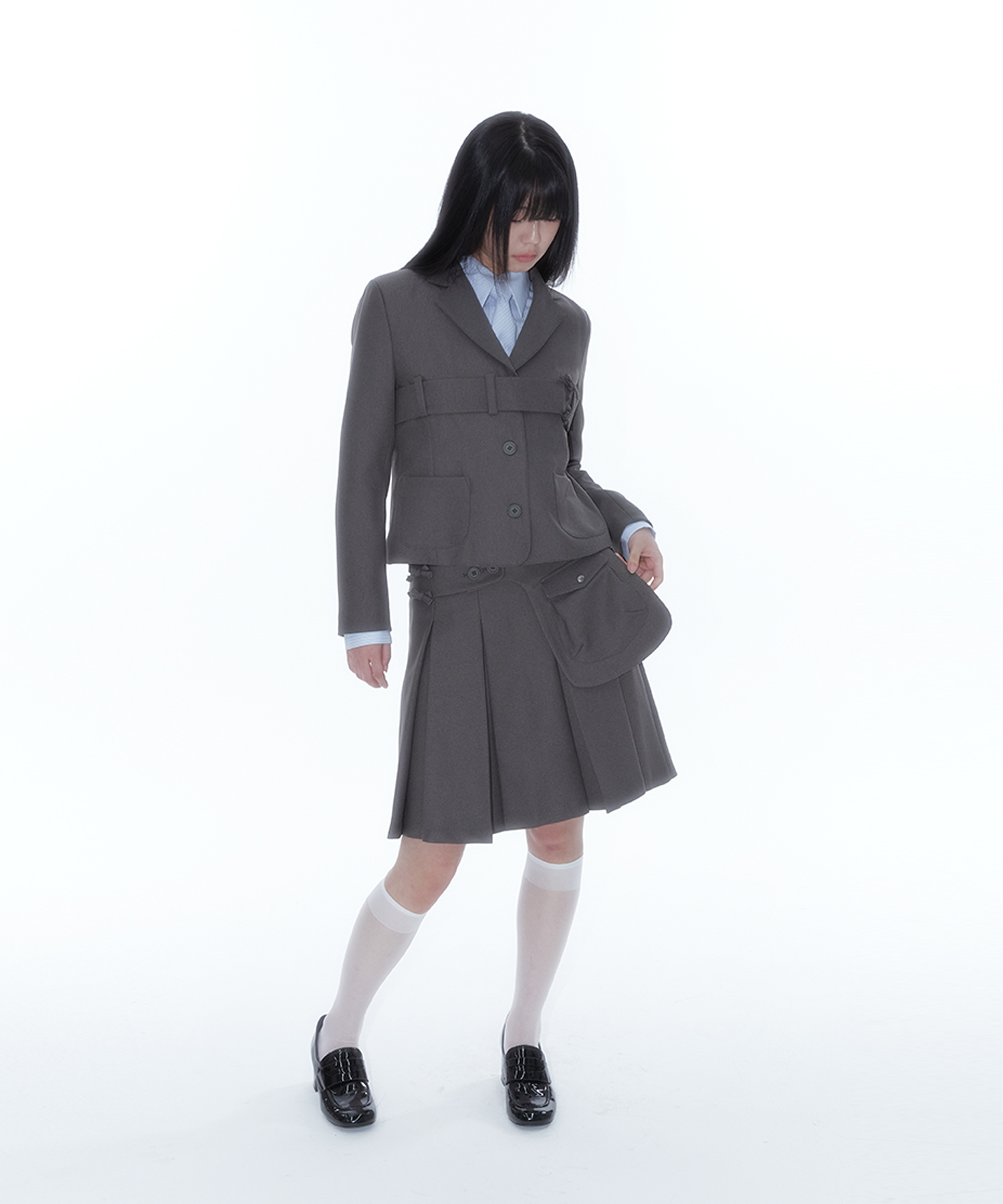 Ribbon Preppy Pleated Skirt Charcoal