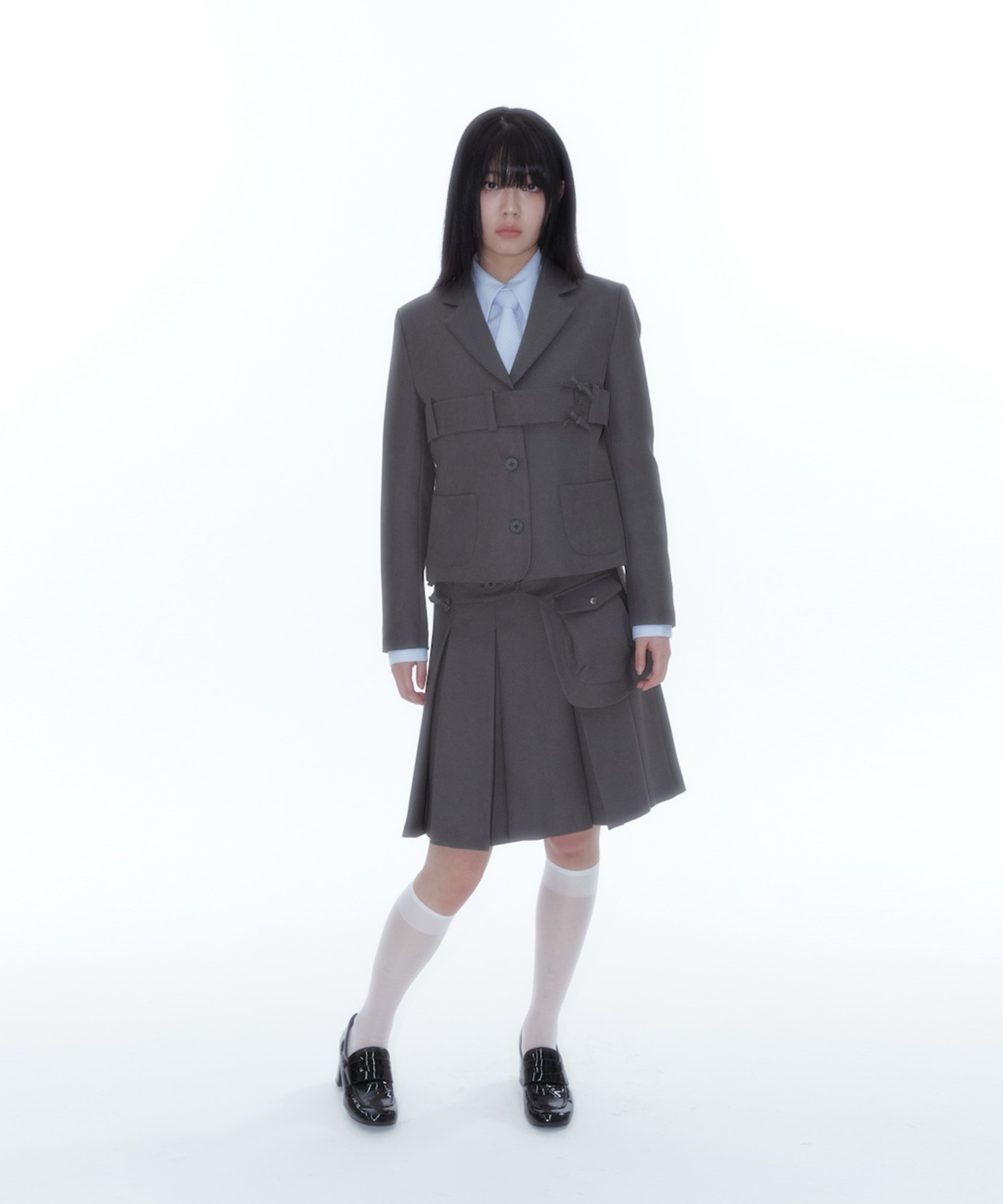 Ribbon Preppy Pleated Skirt Charcoal