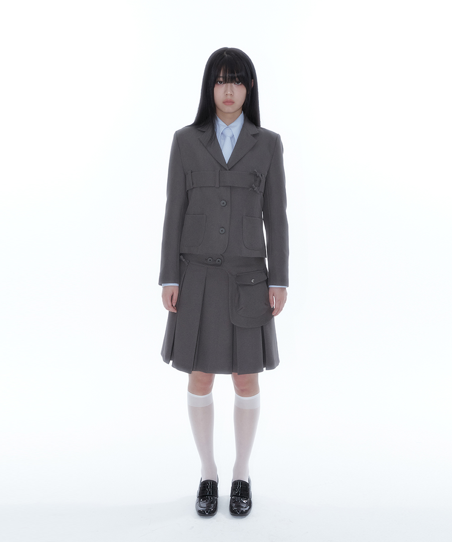 Ribbon Preppy Pleated Skirt Charcoal