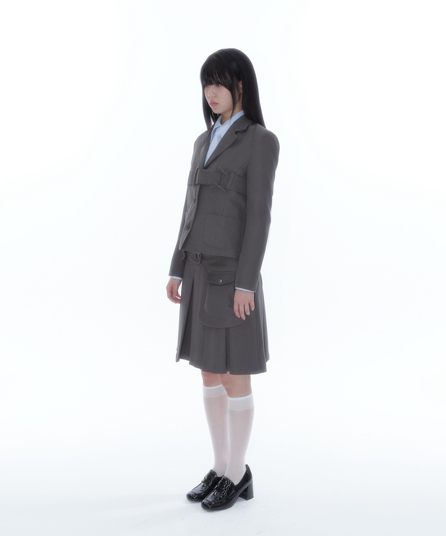 Ribbon Preppy Pleated Skirt Charcoal