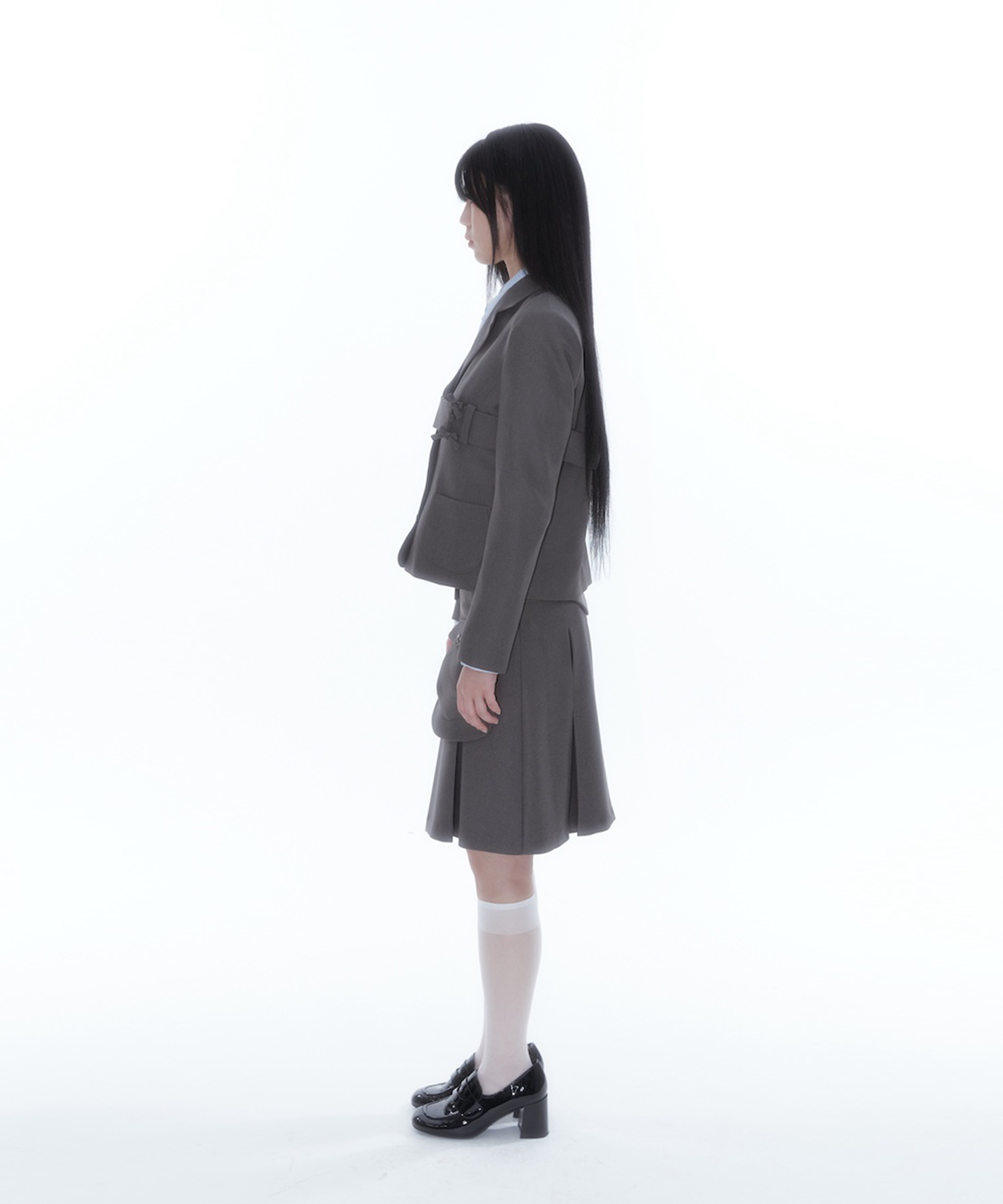 Ribbon Preppy Pleated Skirt Charcoal