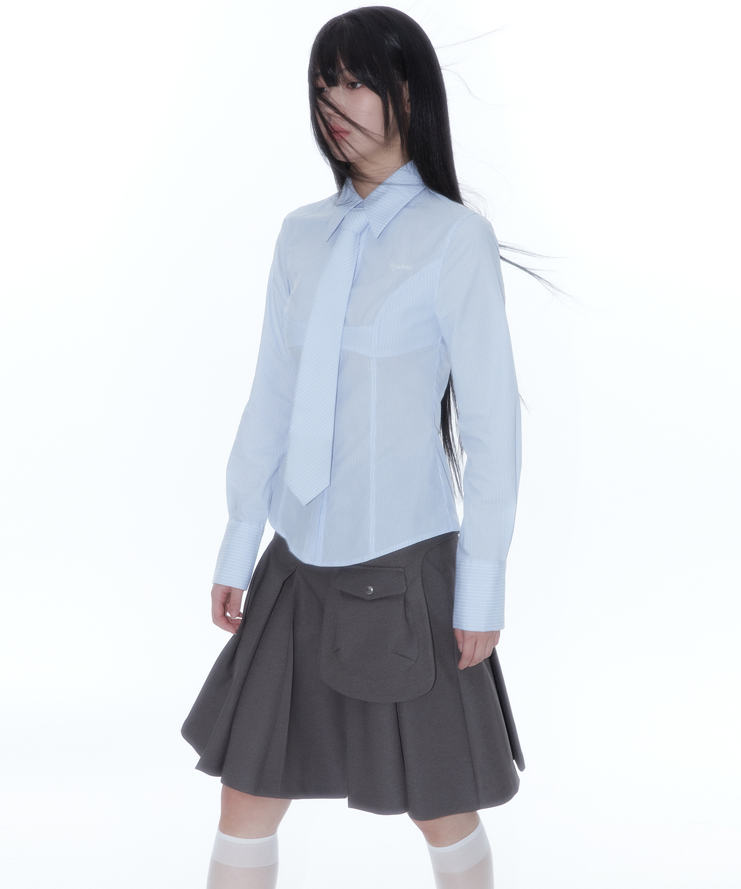 Ribbon Preppy Pleated Skirt Charcoal