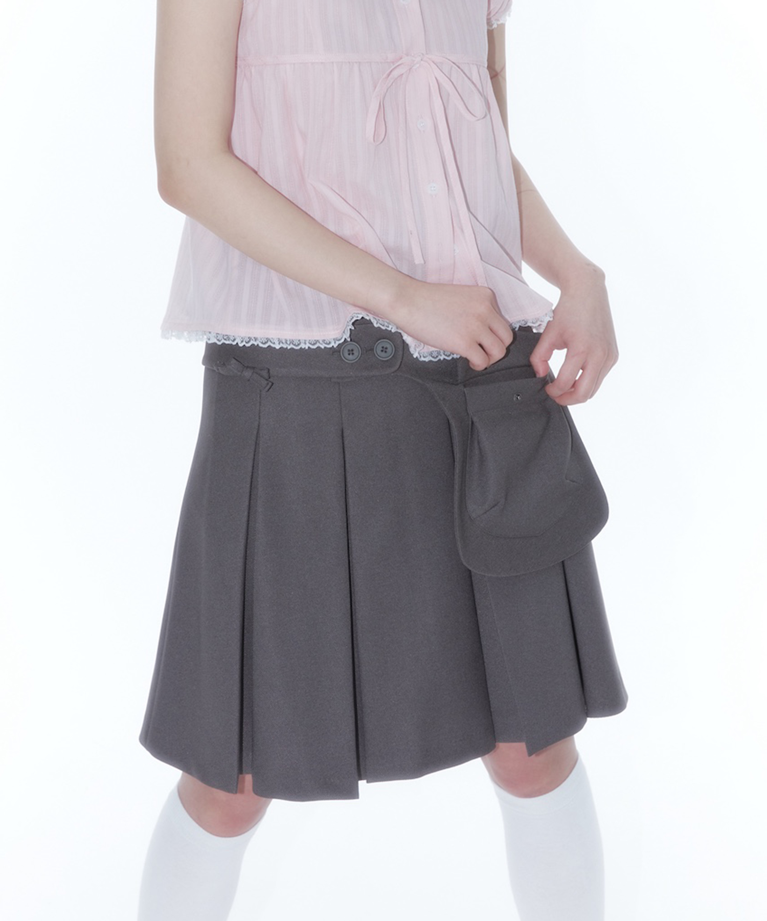 Ribbon Preppy Pleated Skirt Charcoal