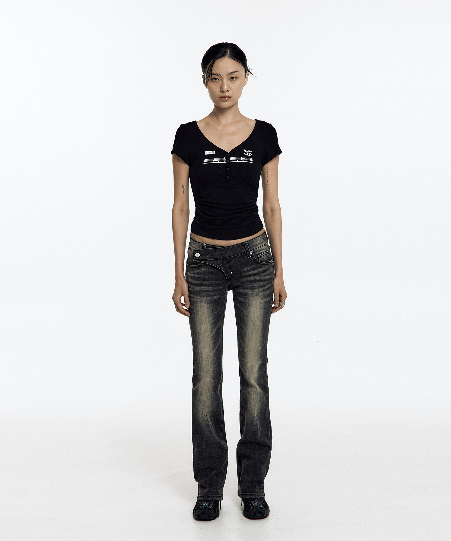 Zen Button Henley Neck Top Black