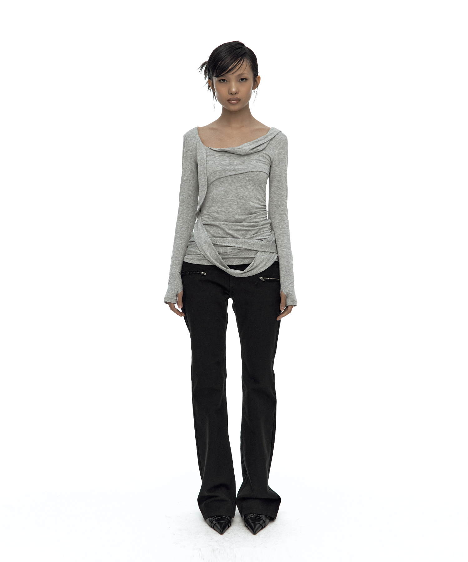 Drape Asymmetric Long Sleeve Gray
