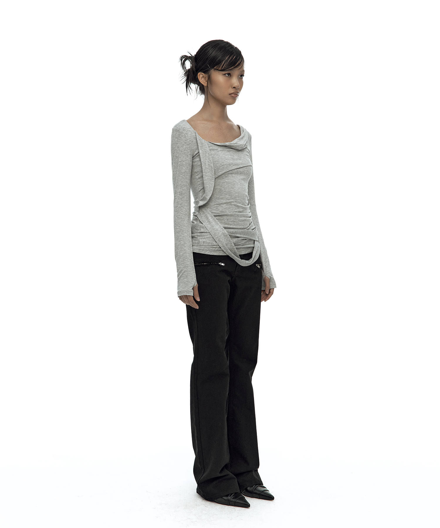 Drape Asymmetric Long Sleeve Gray