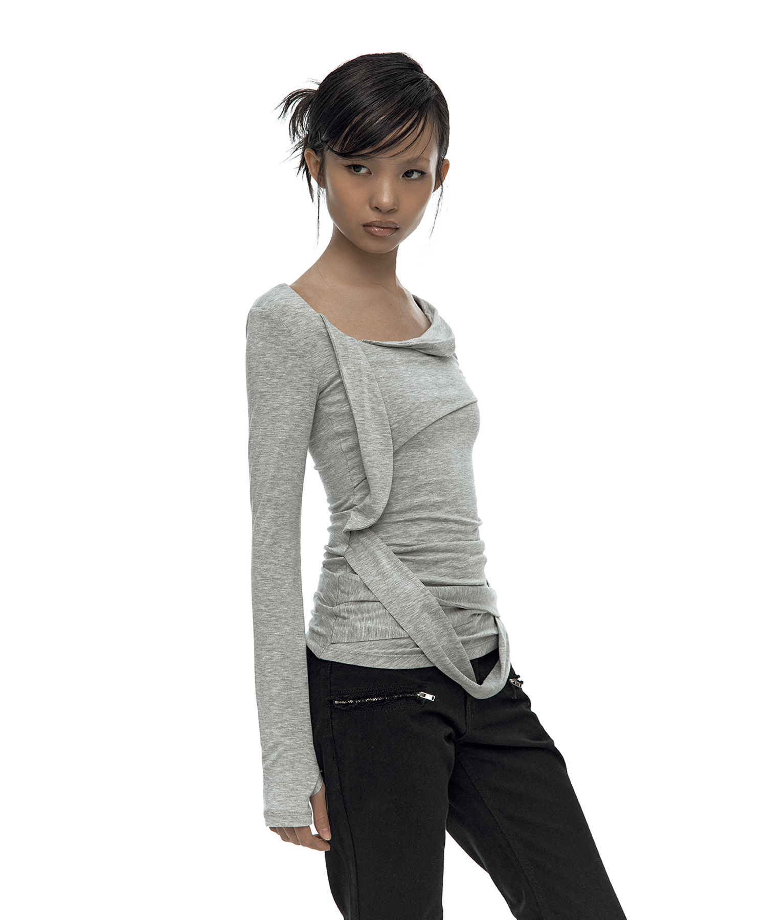 Drape Asymmetric Long Sleeve Gray