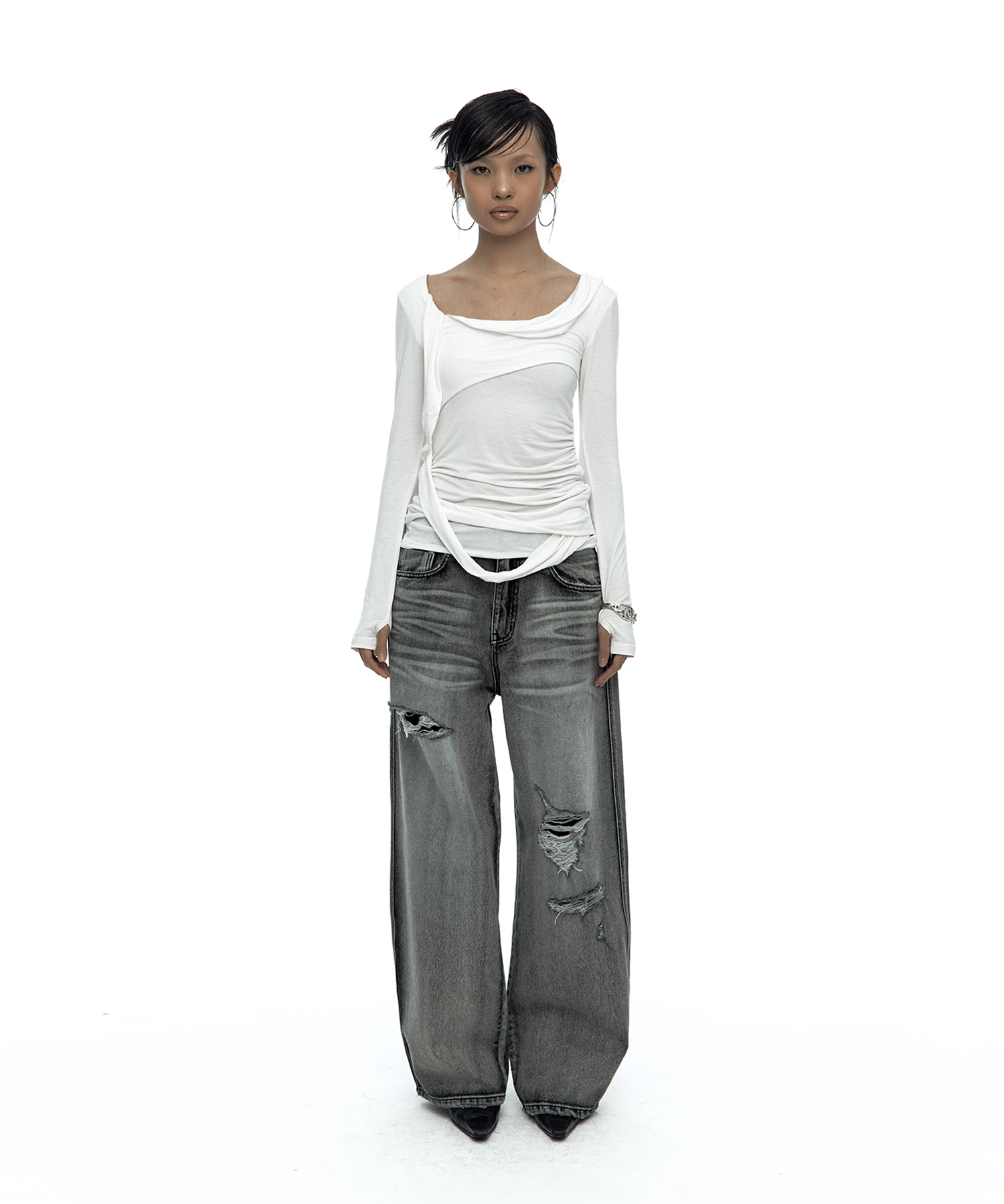 Drape Asymmetric Long Sleeve White