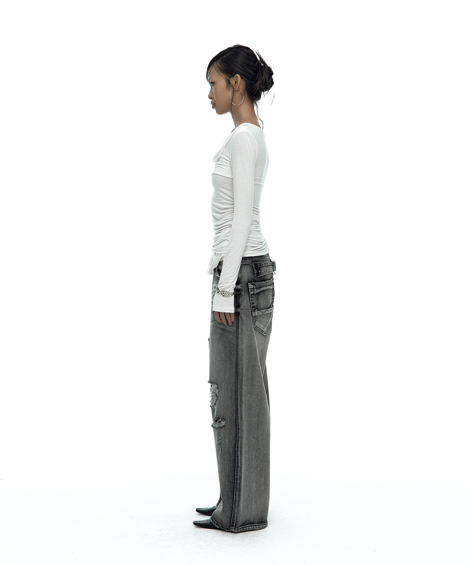 Drape Asymmetric Long Sleeve White