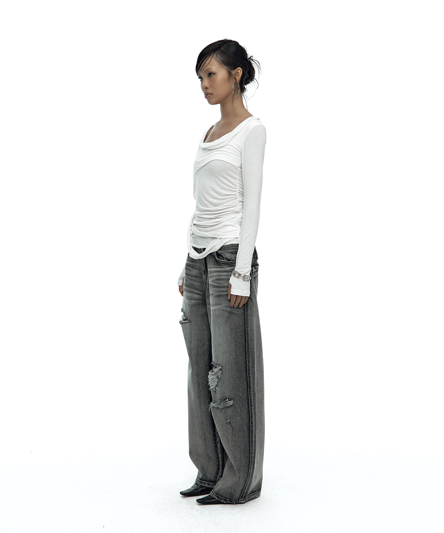 Drape Asymmetric Long Sleeve White