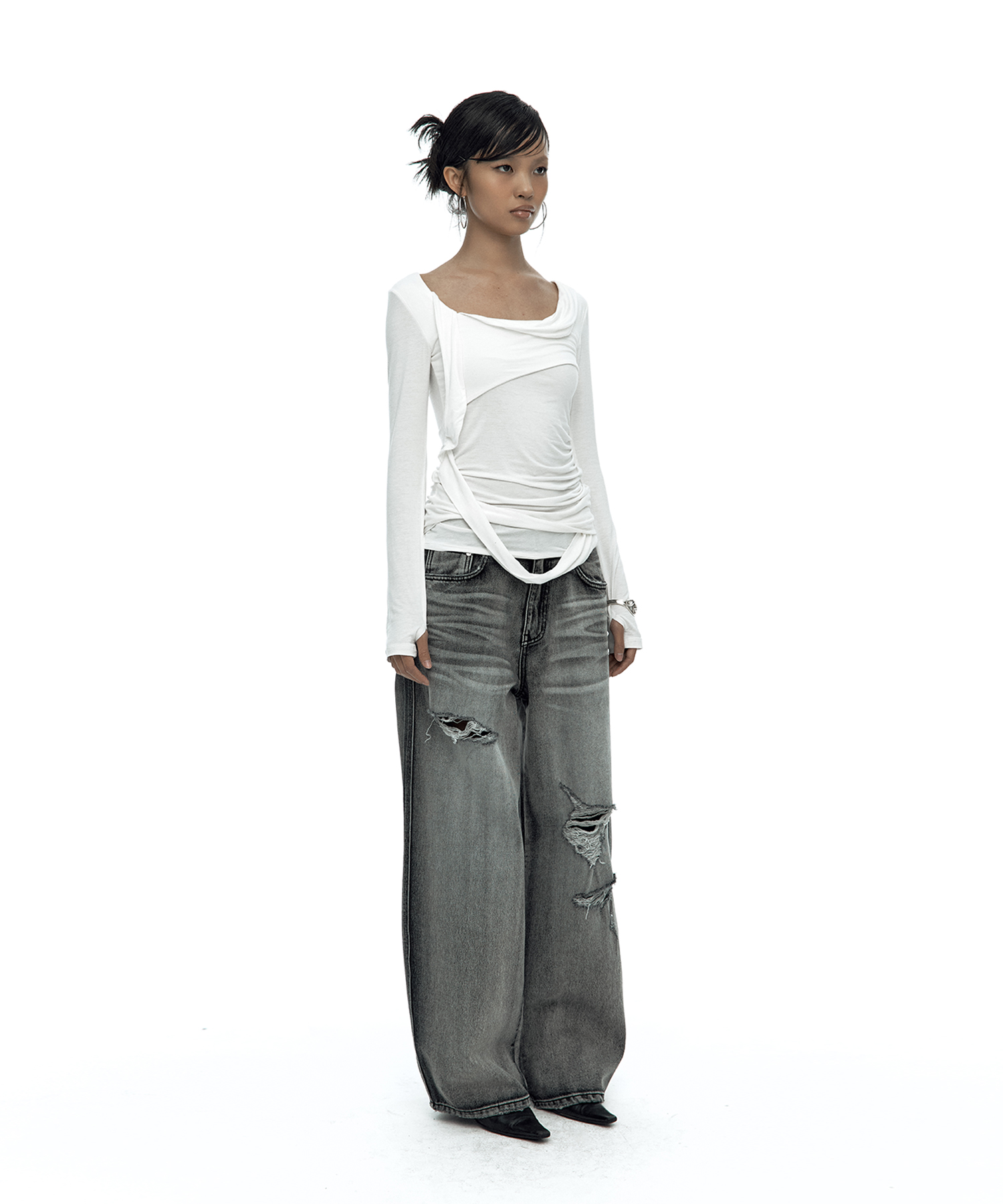 Drape Asymmetric Long Sleeve White