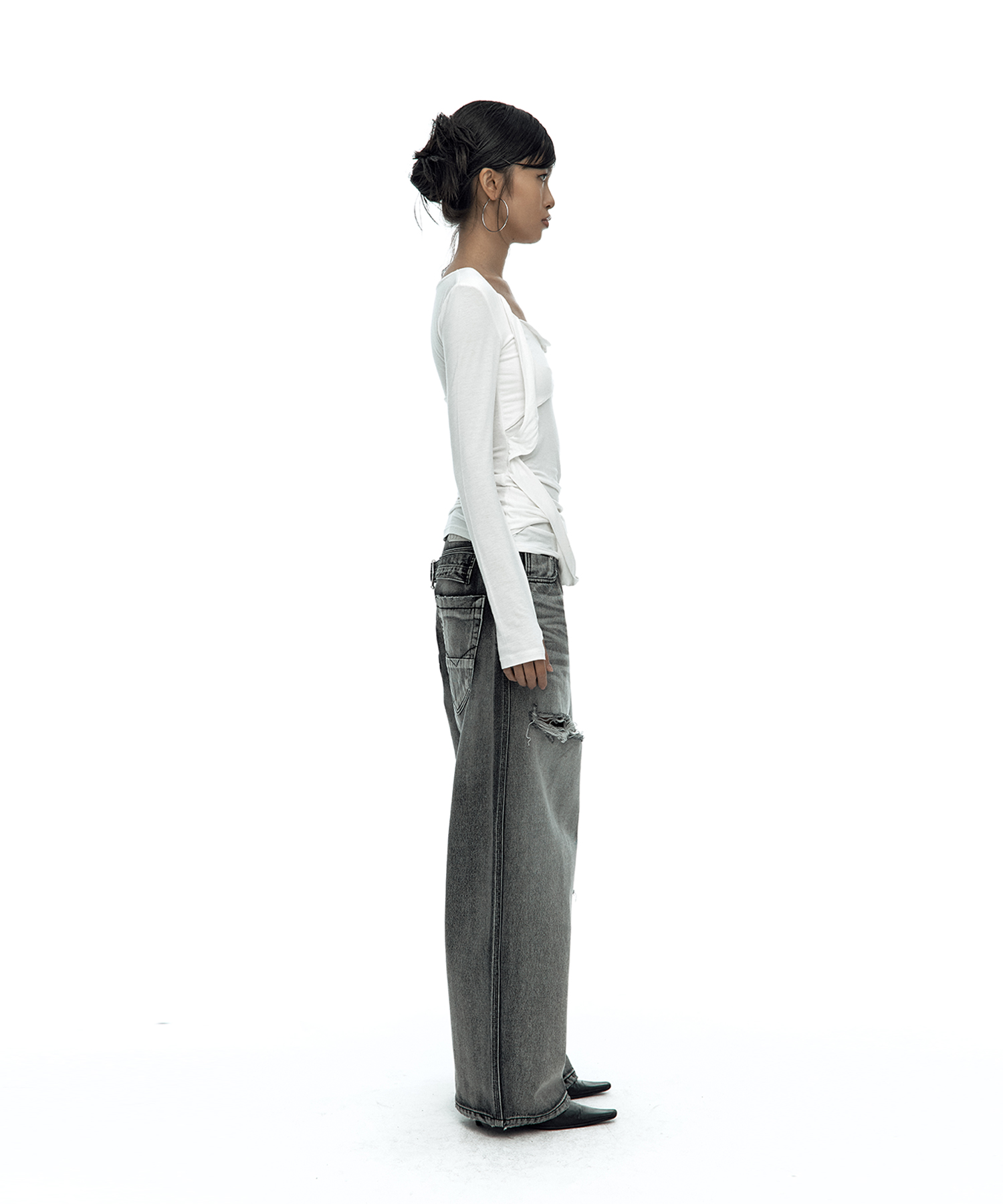 Drape Asymmetric Long Sleeve White