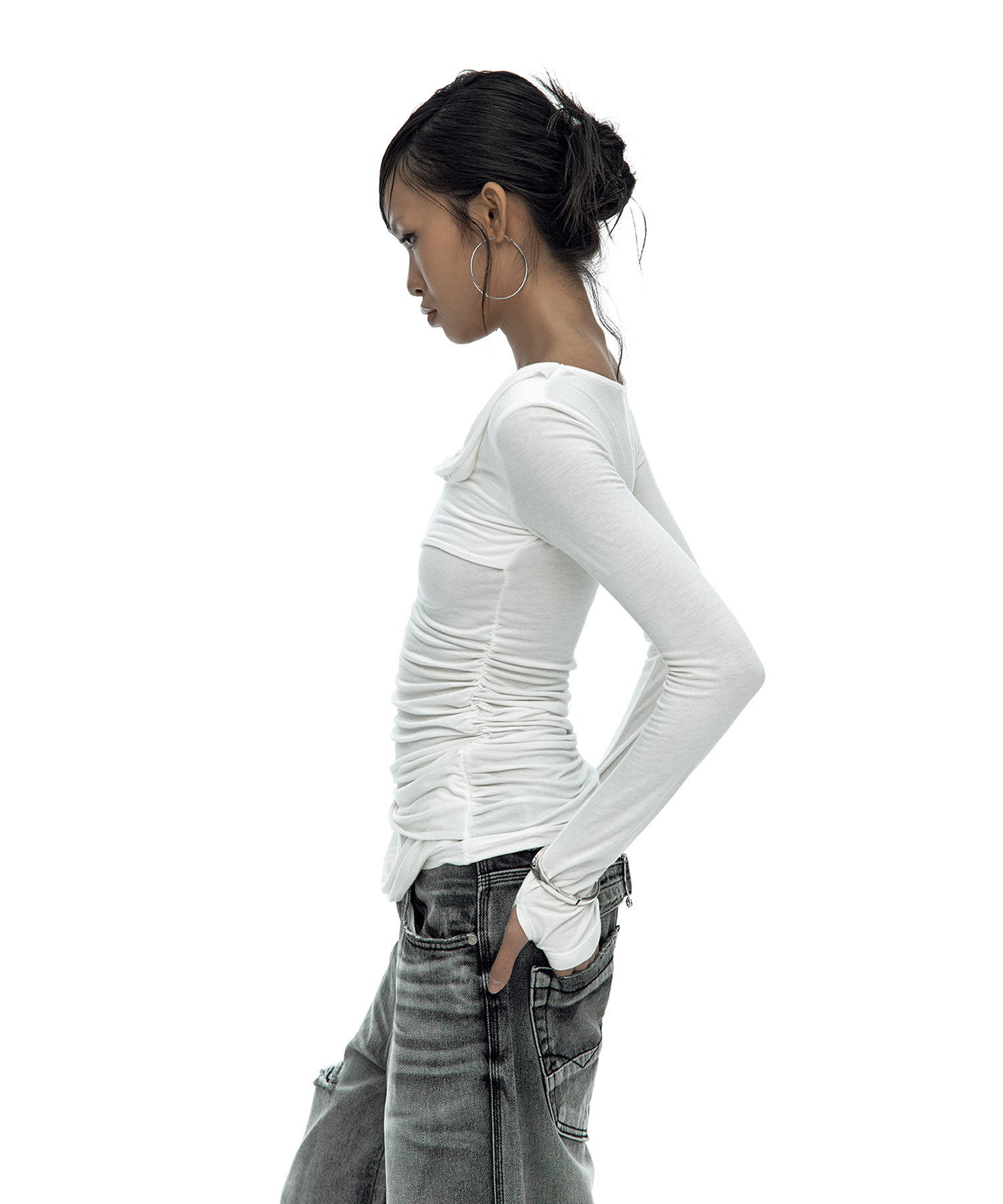 Drape Asymmetric Long Sleeve White