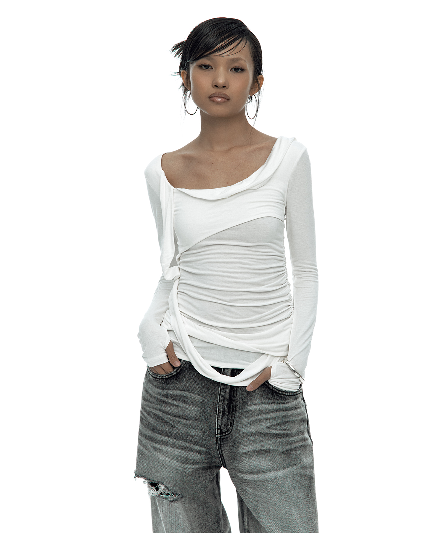 Drape Asymmetric Long Sleeve White