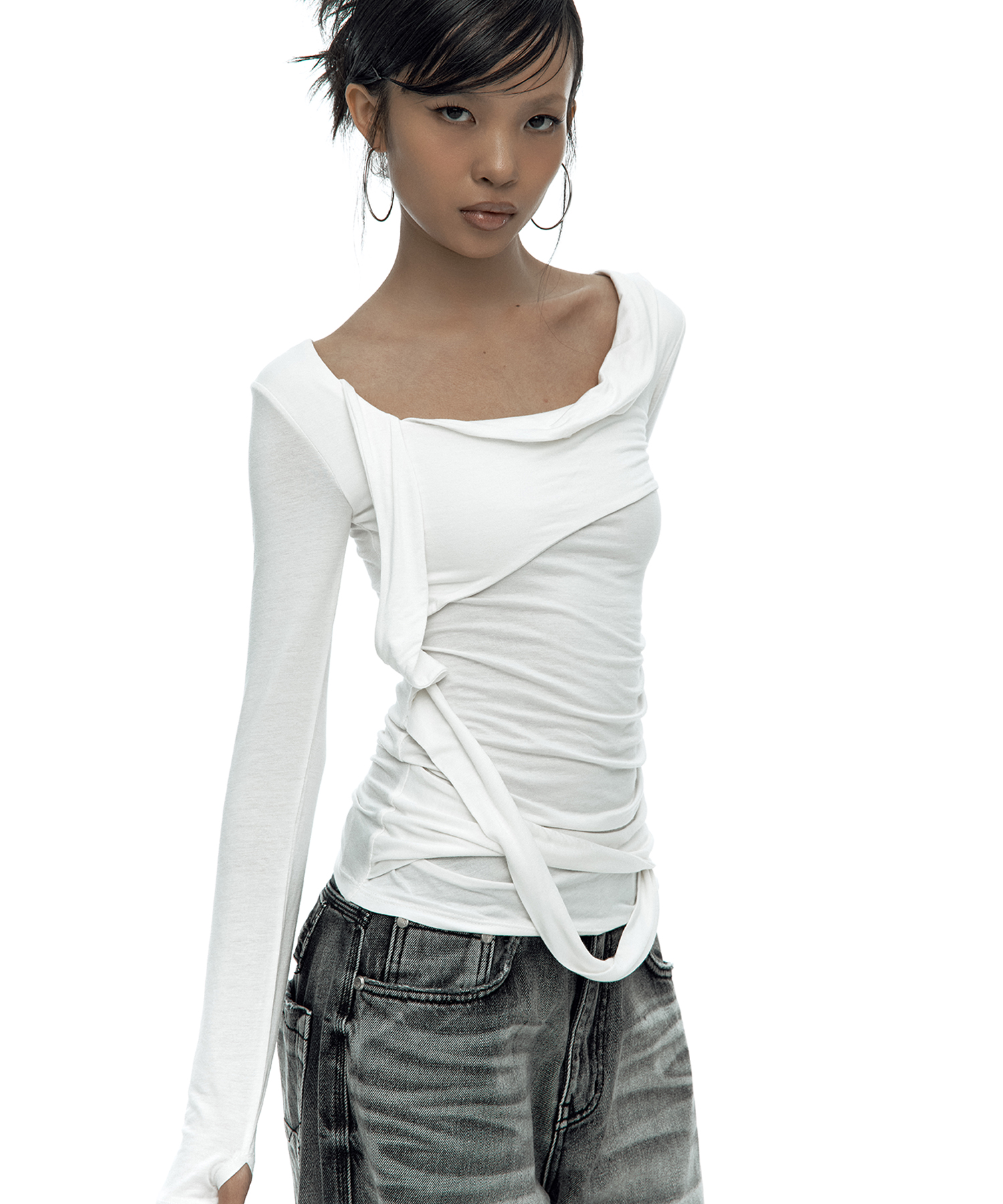 Drape Asymmetric Long Sleeve White