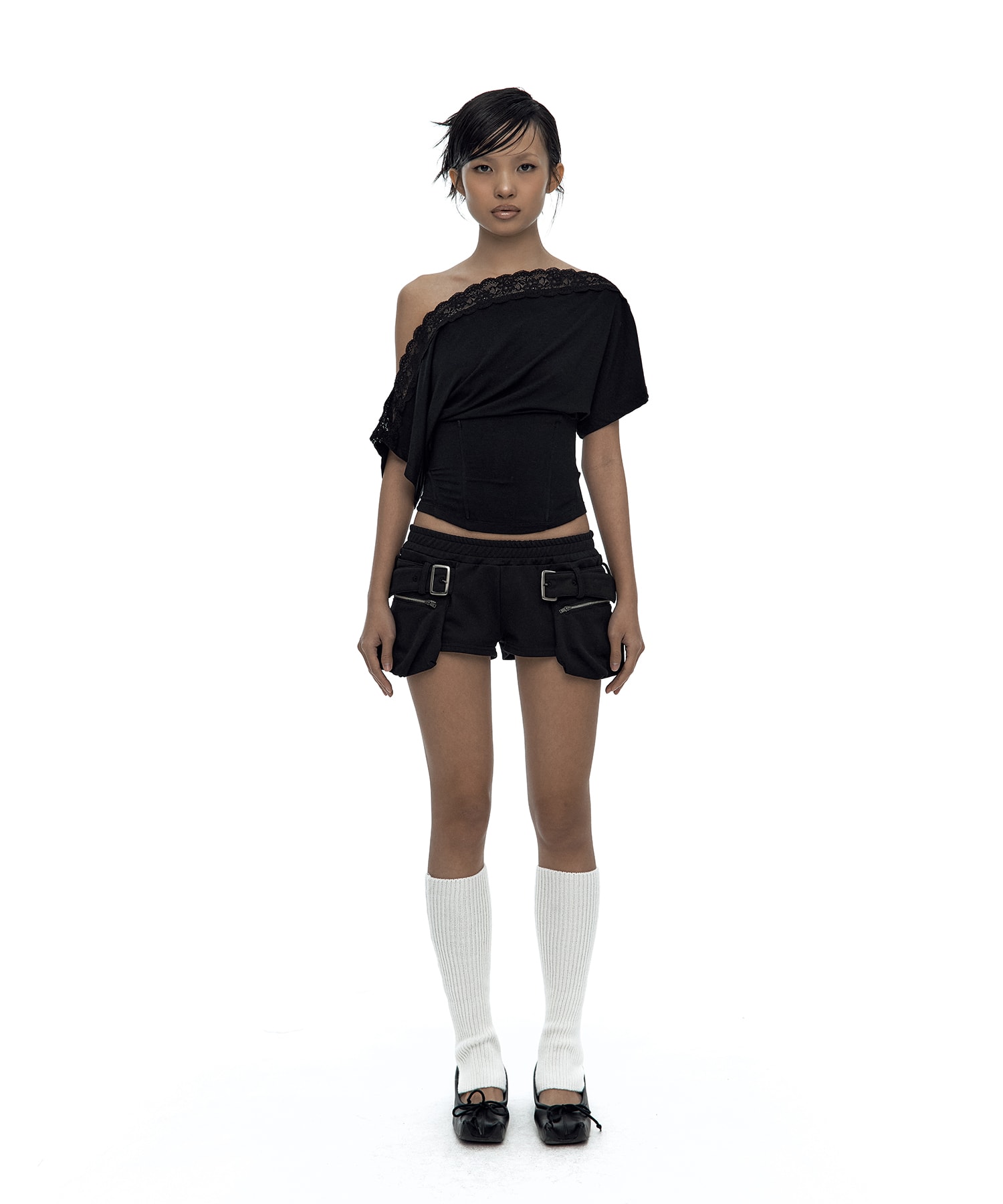 Lace One Shoulder Corset Tee Black
