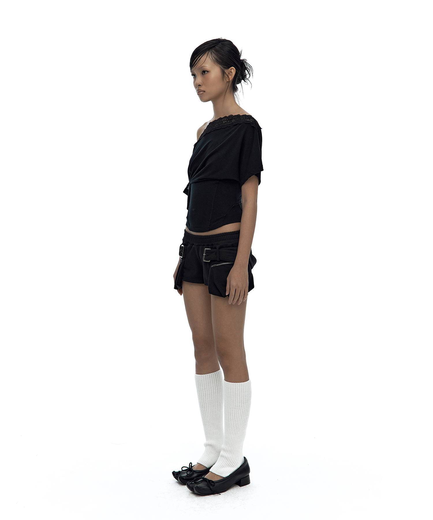 Lace One Shoulder Corset Tee Black