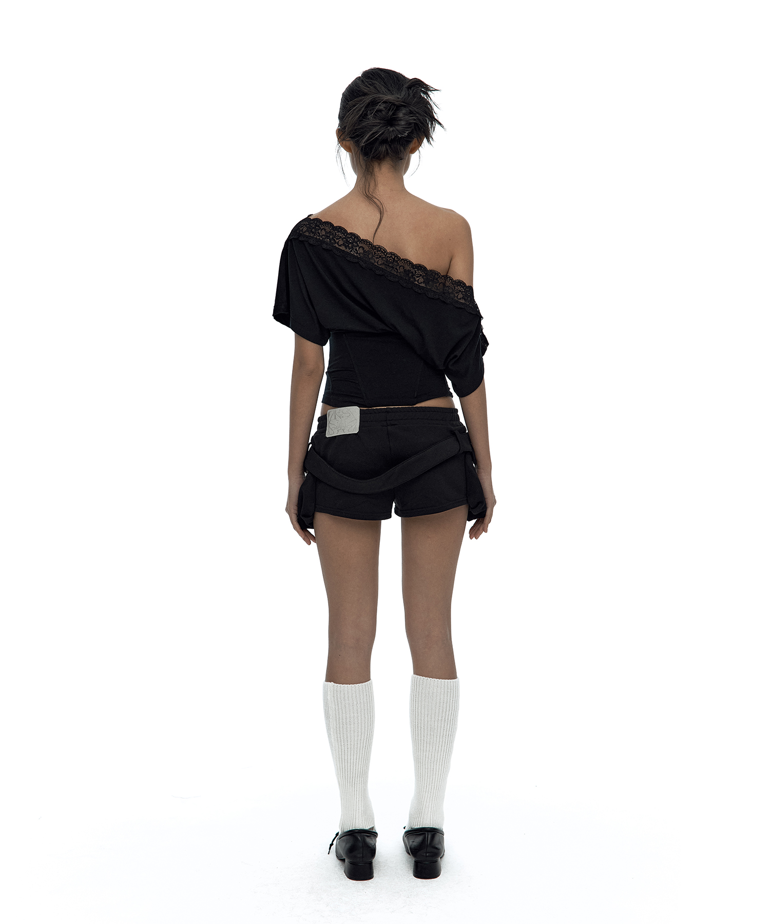 Lace One Shoulder Corset Tee Black