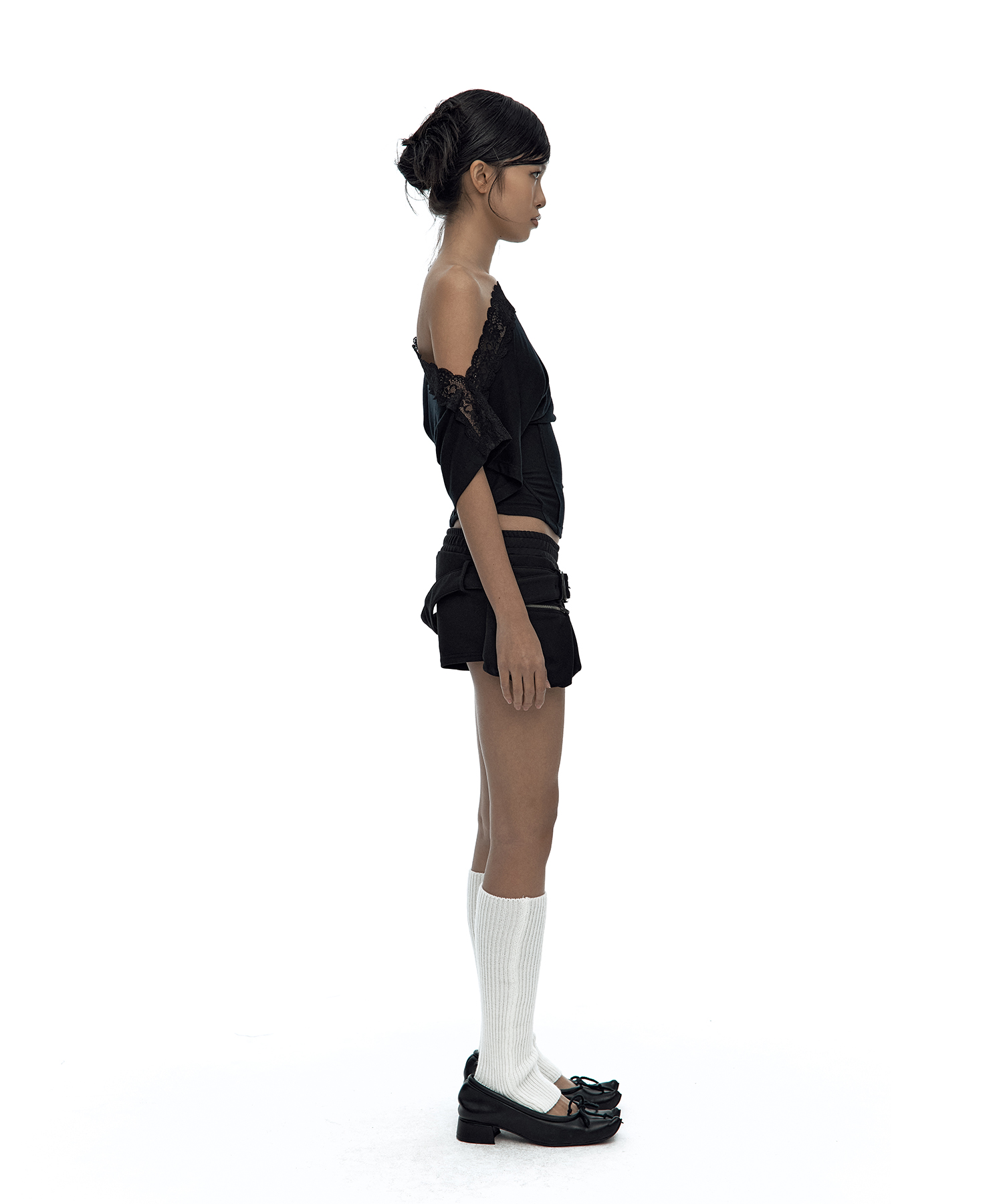 Lace One Shoulder Corset Tee Black