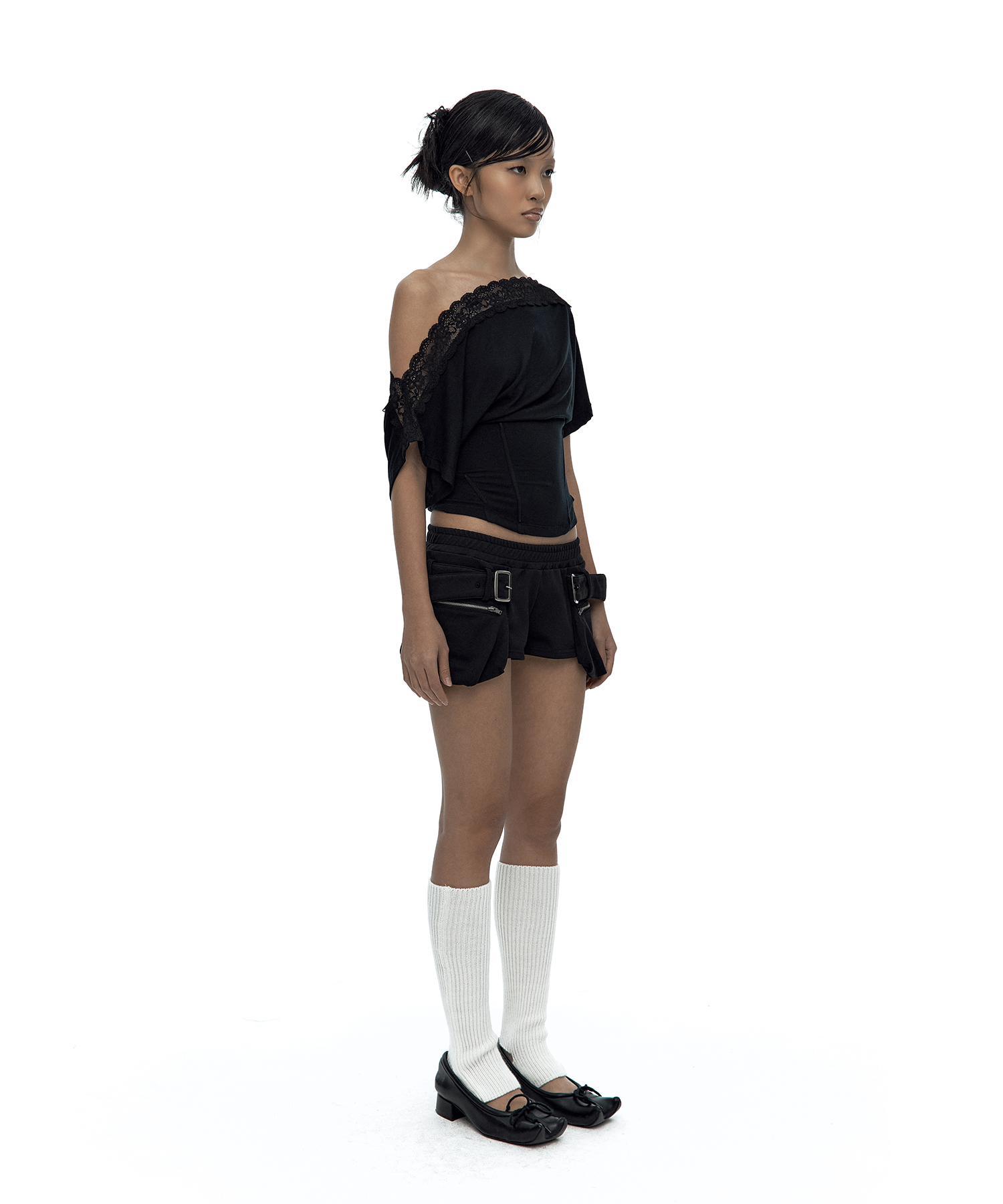 Lace One Shoulder Corset Tee Black