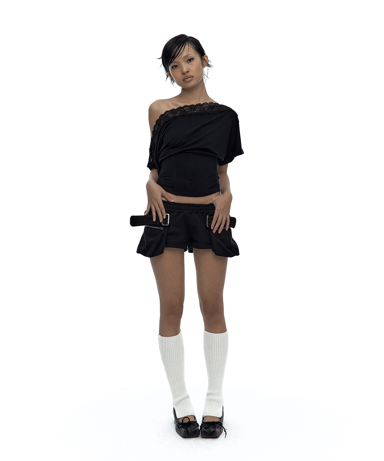 Lace One Shoulder Corset Tee Black