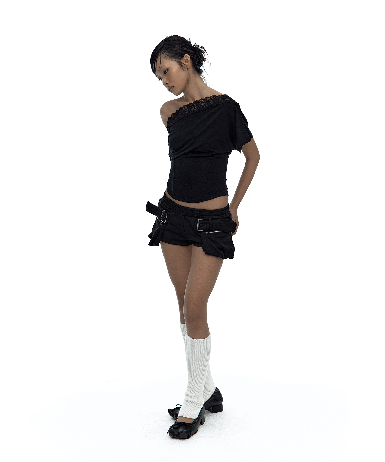 Lace One Shoulder Corset Tee Black