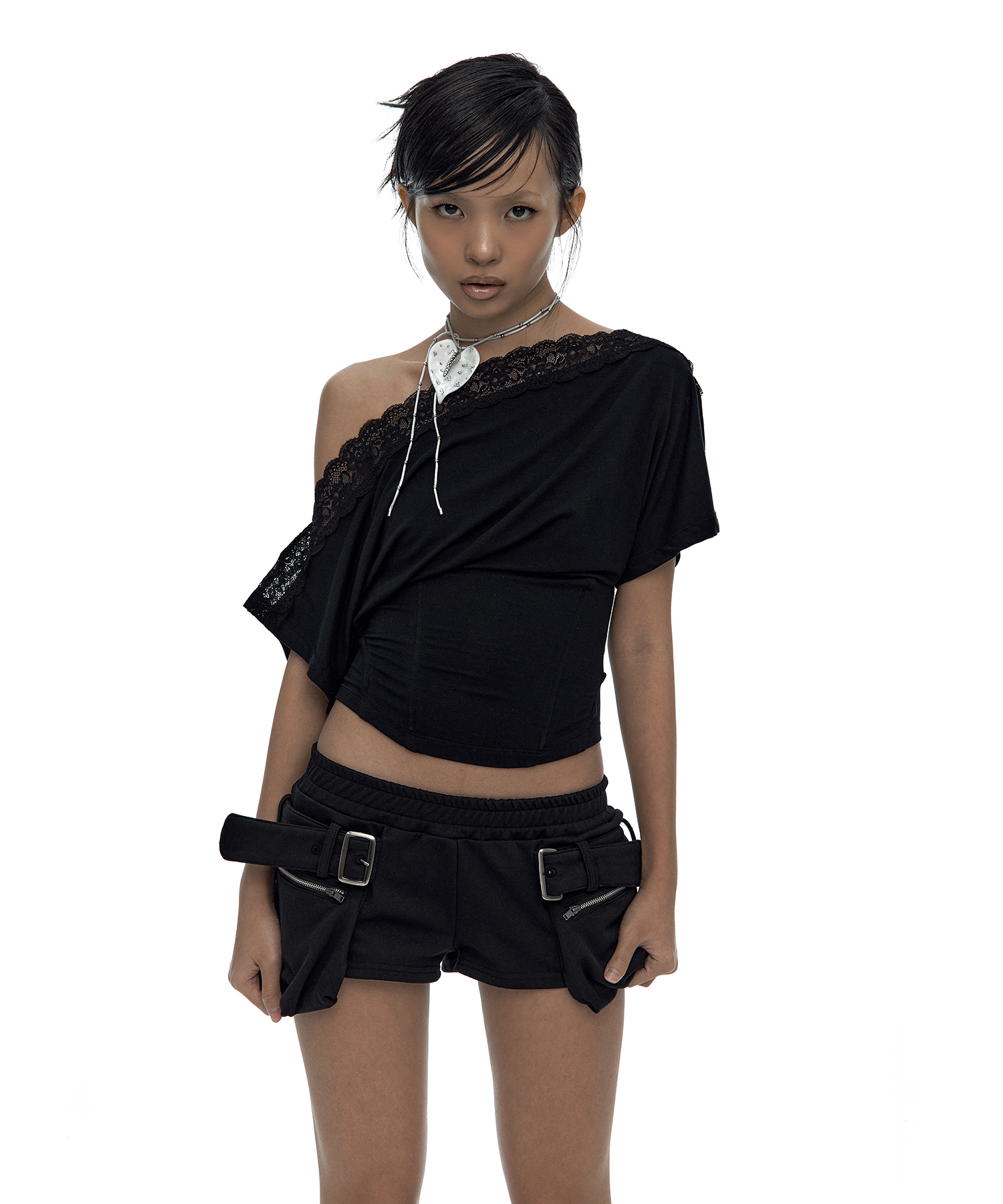 Lace One Shoulder Corset Tee Black