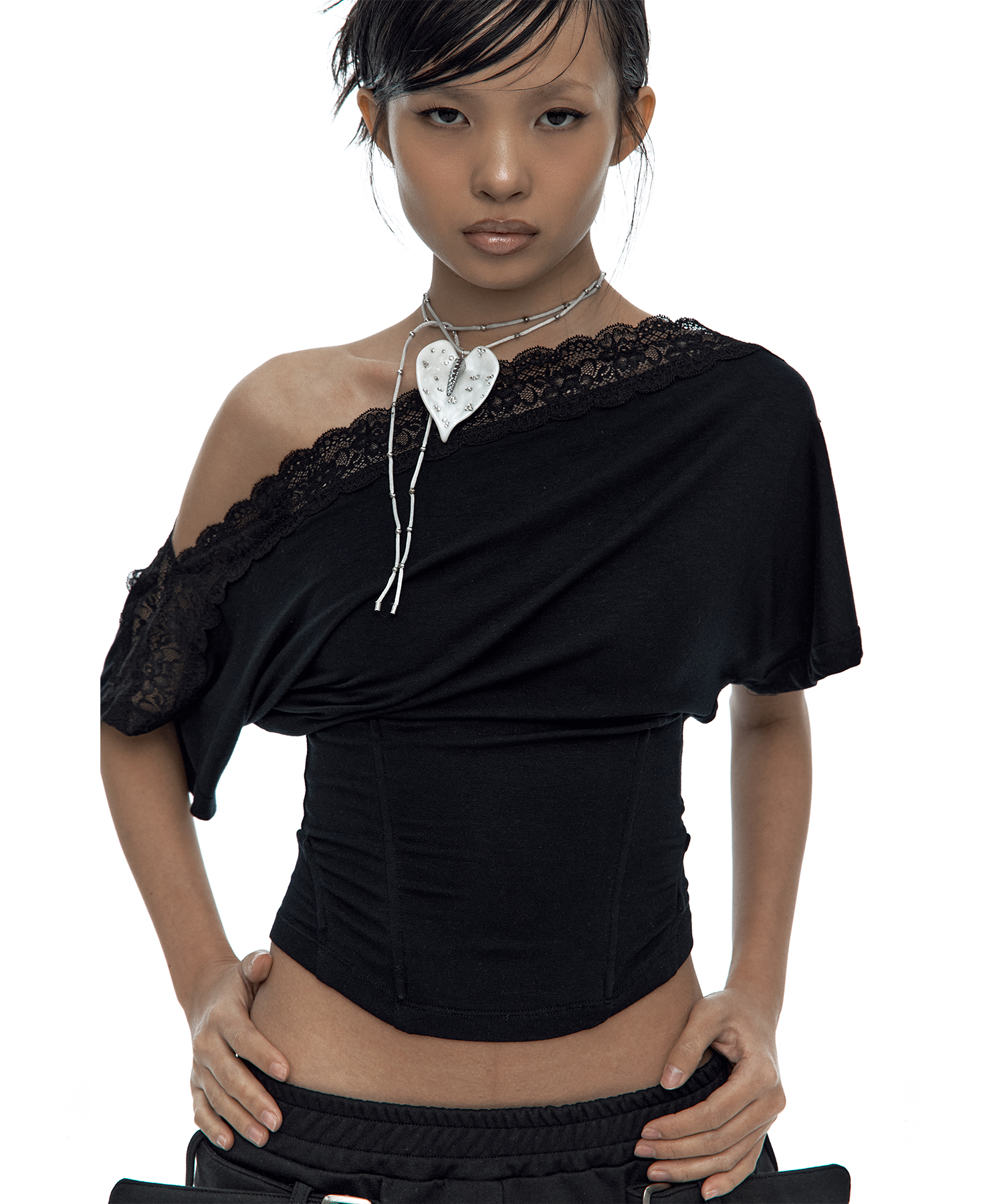 Lace One Shoulder Corset Tee Black