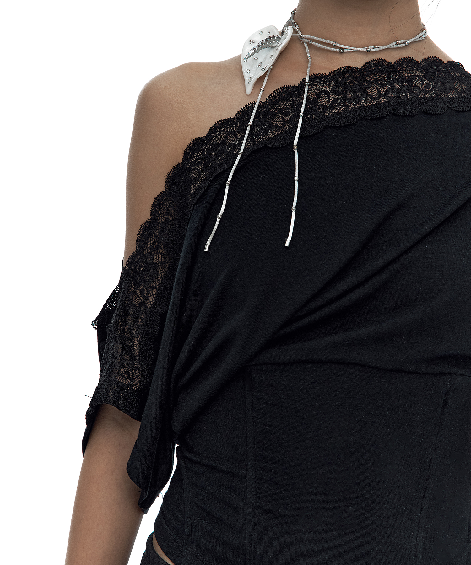 Lace One Shoulder Corset Tee Black