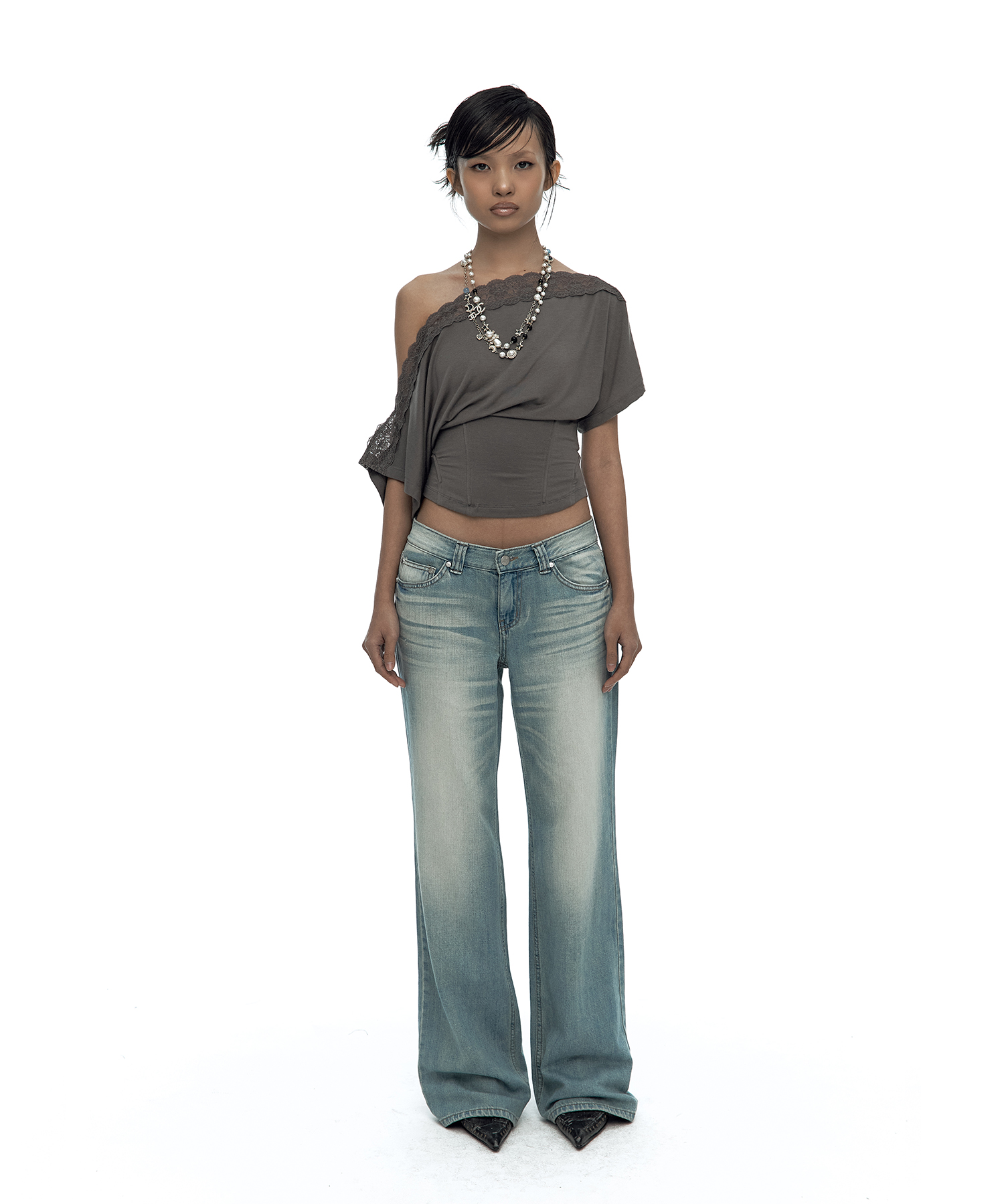 Lace One Shoulder Corset Tee Charcoal