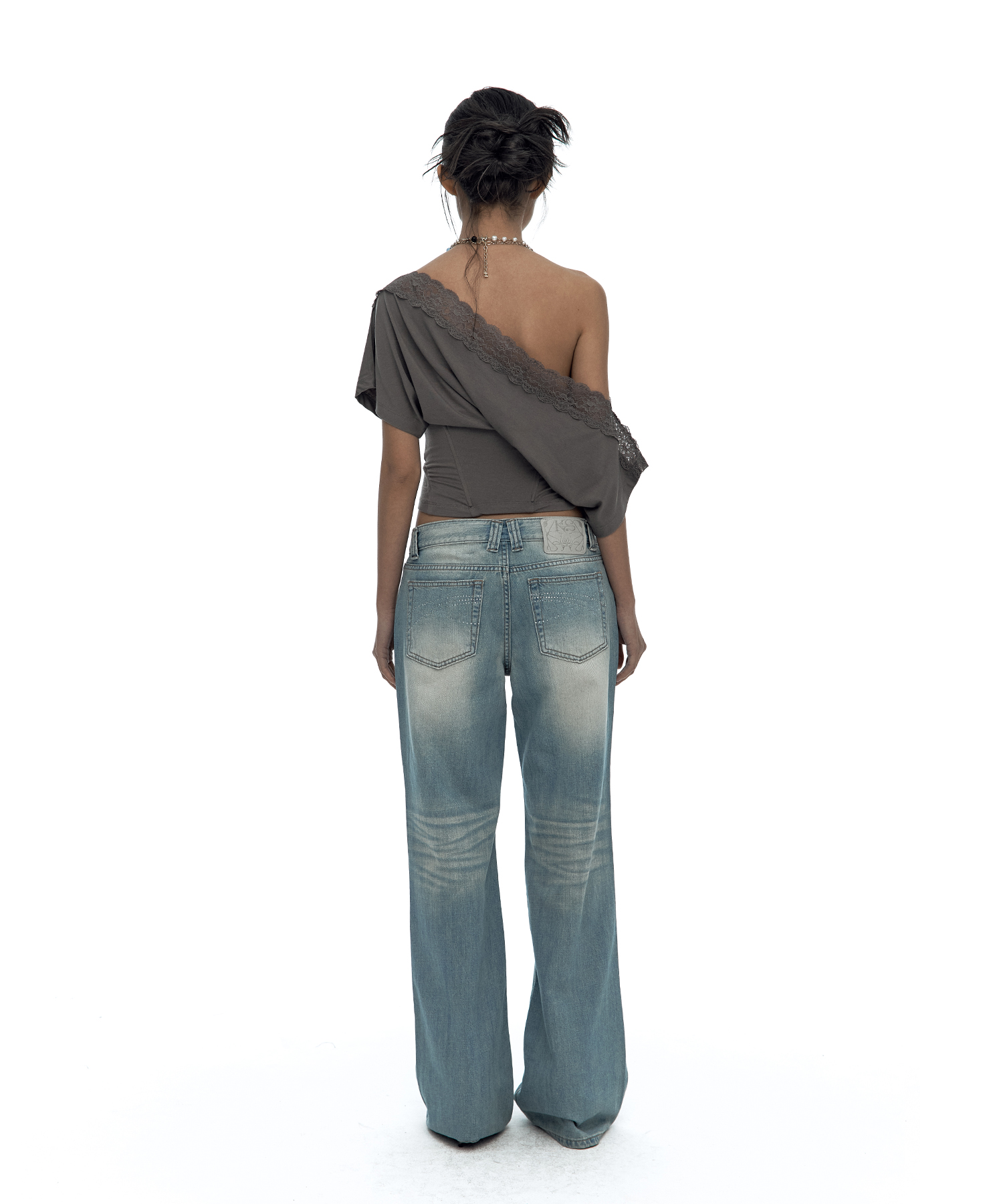 Lace One Shoulder Corset Tee Charcoal