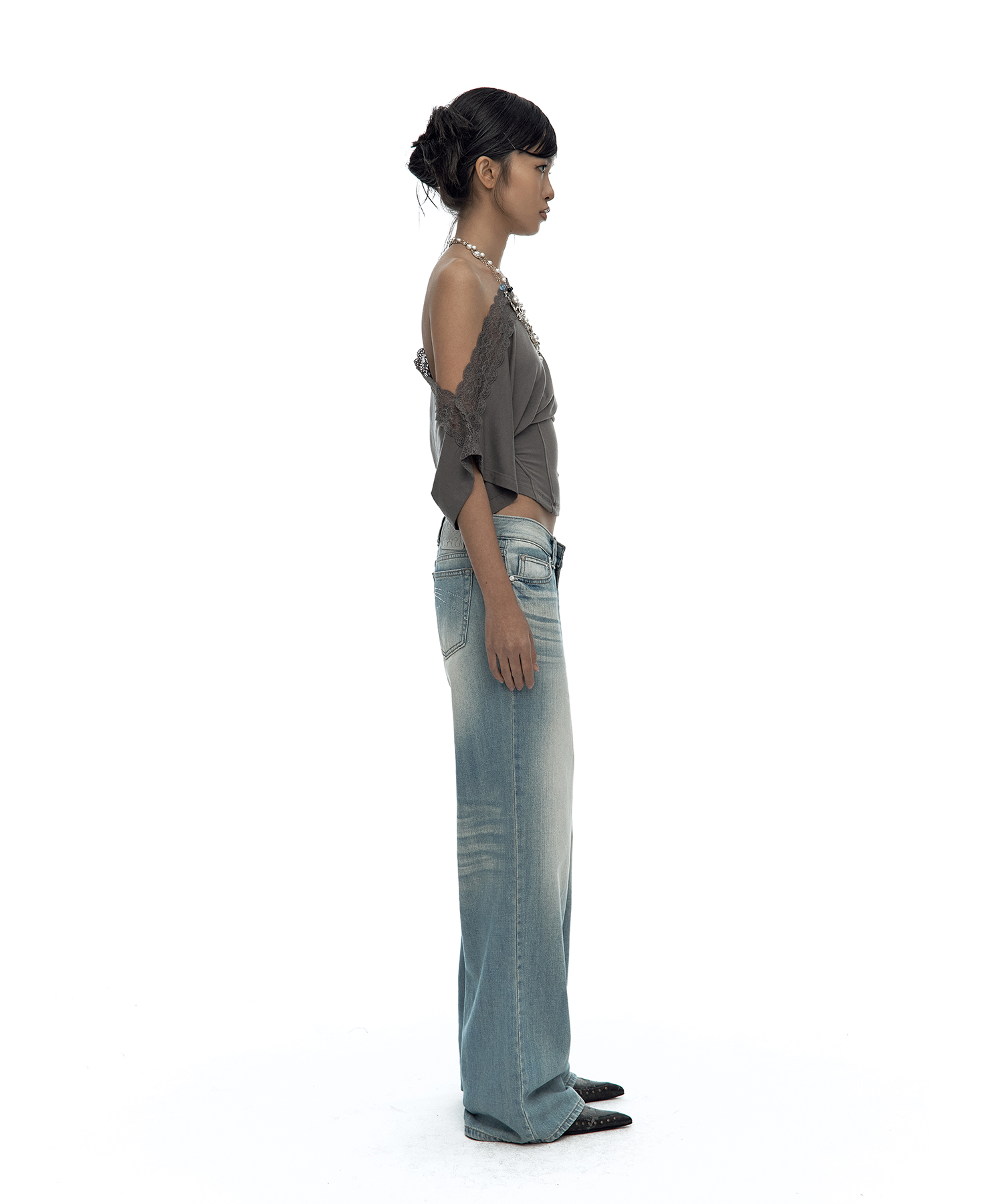 Lace One Shoulder Corset Tee Charcoal