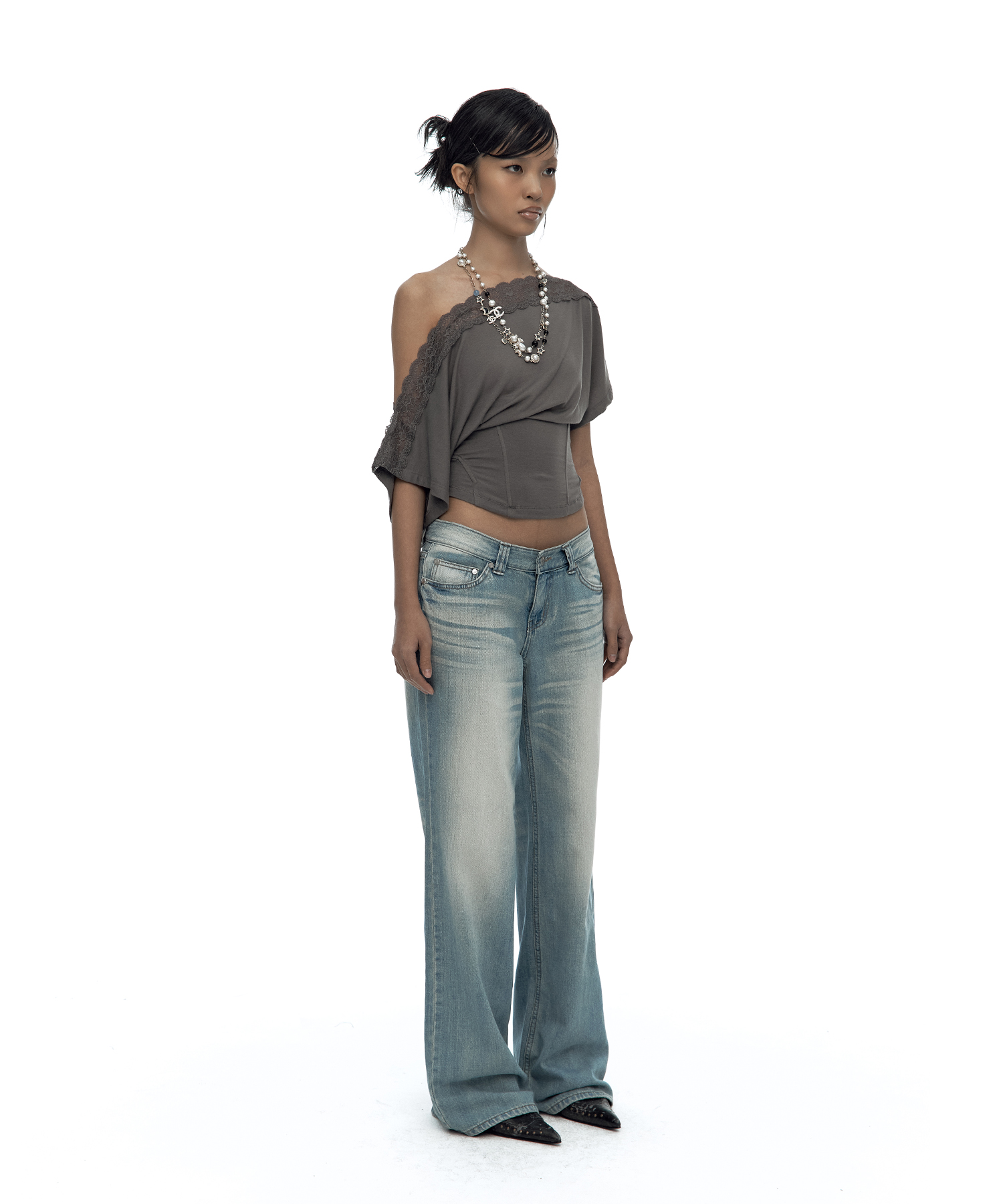 Lace One Shoulder Corset Tee Charcoal