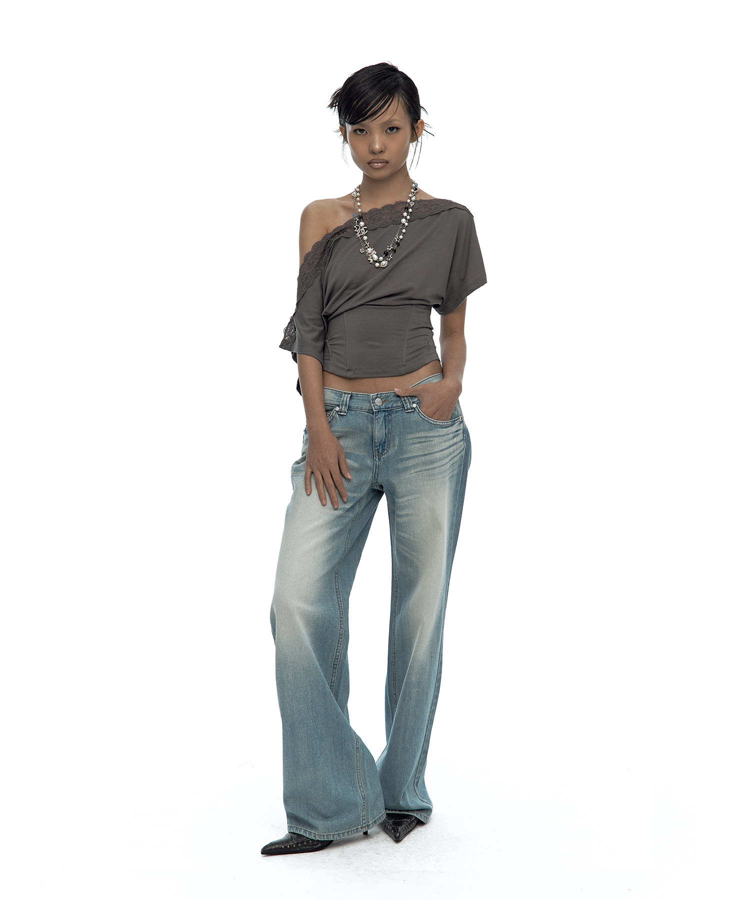 Lace One Shoulder Corset Tee Charcoal