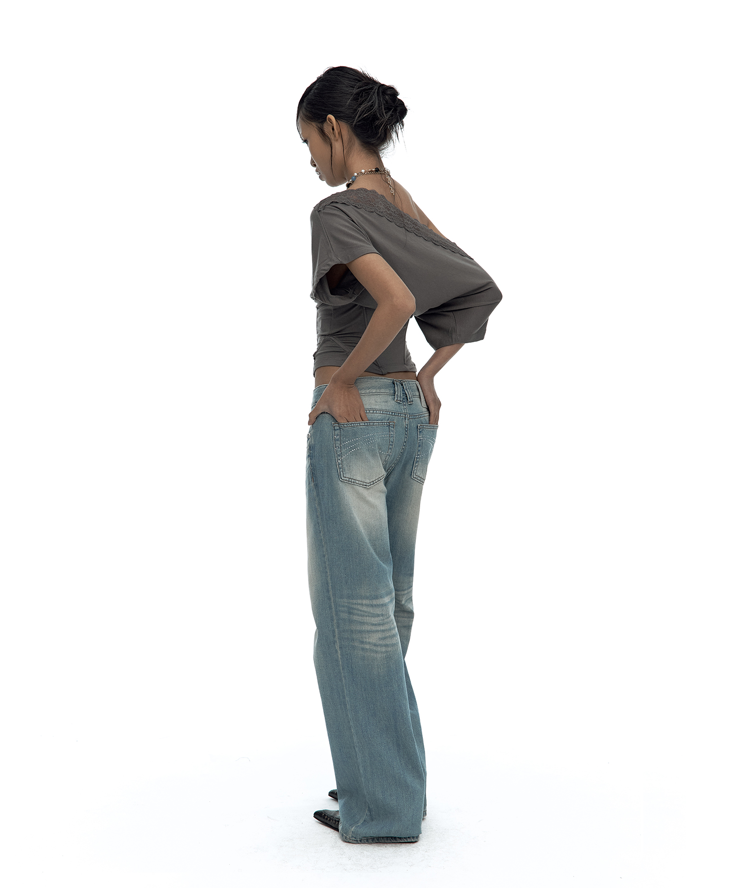 Lace One Shoulder Corset Tee Charcoal
