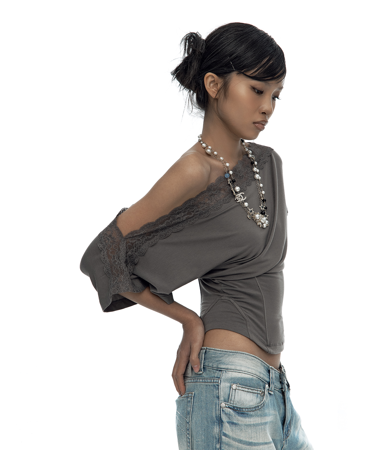 Lace One Shoulder Corset Tee Charcoal