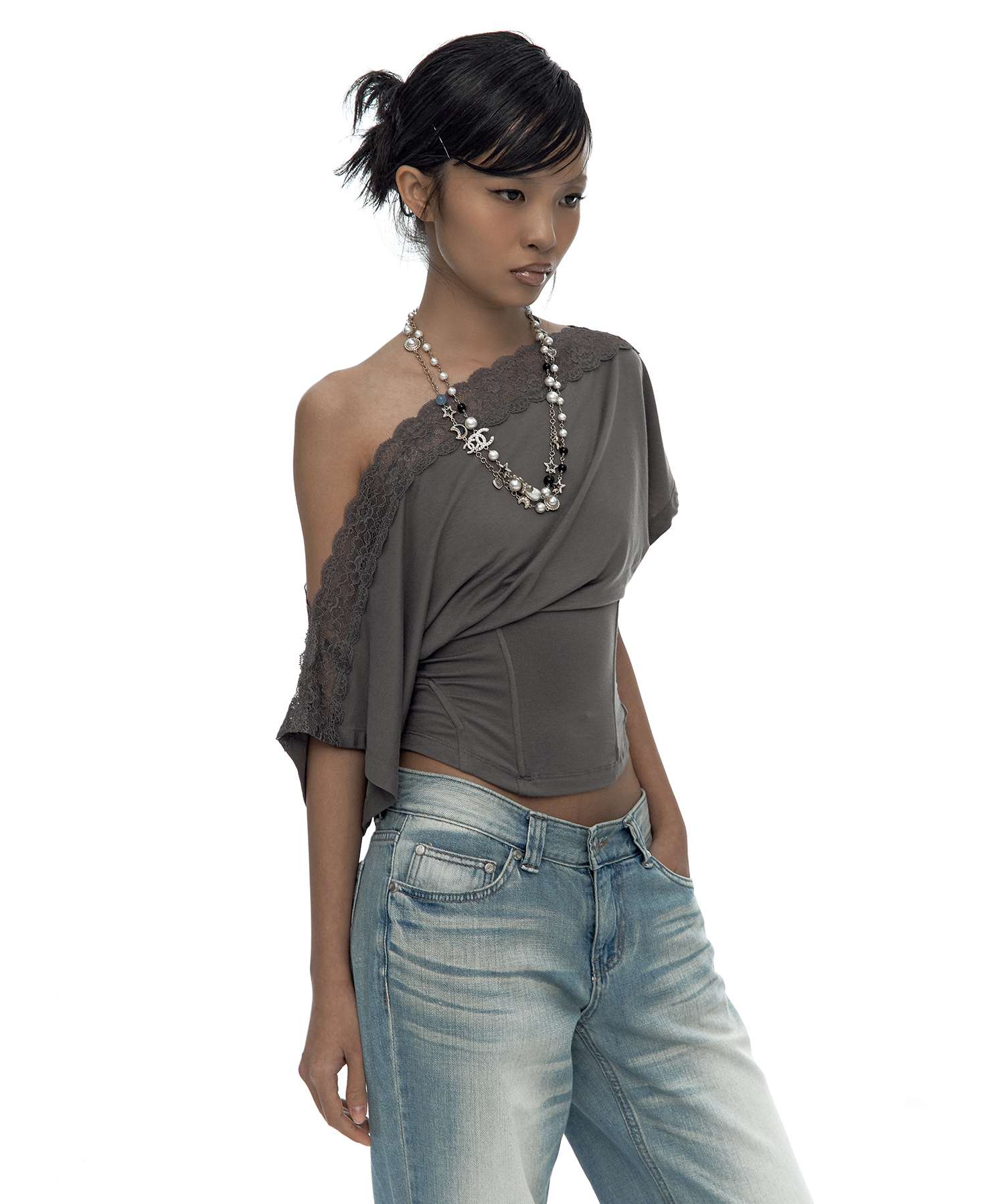 Lace One Shoulder Corset Tee Charcoal