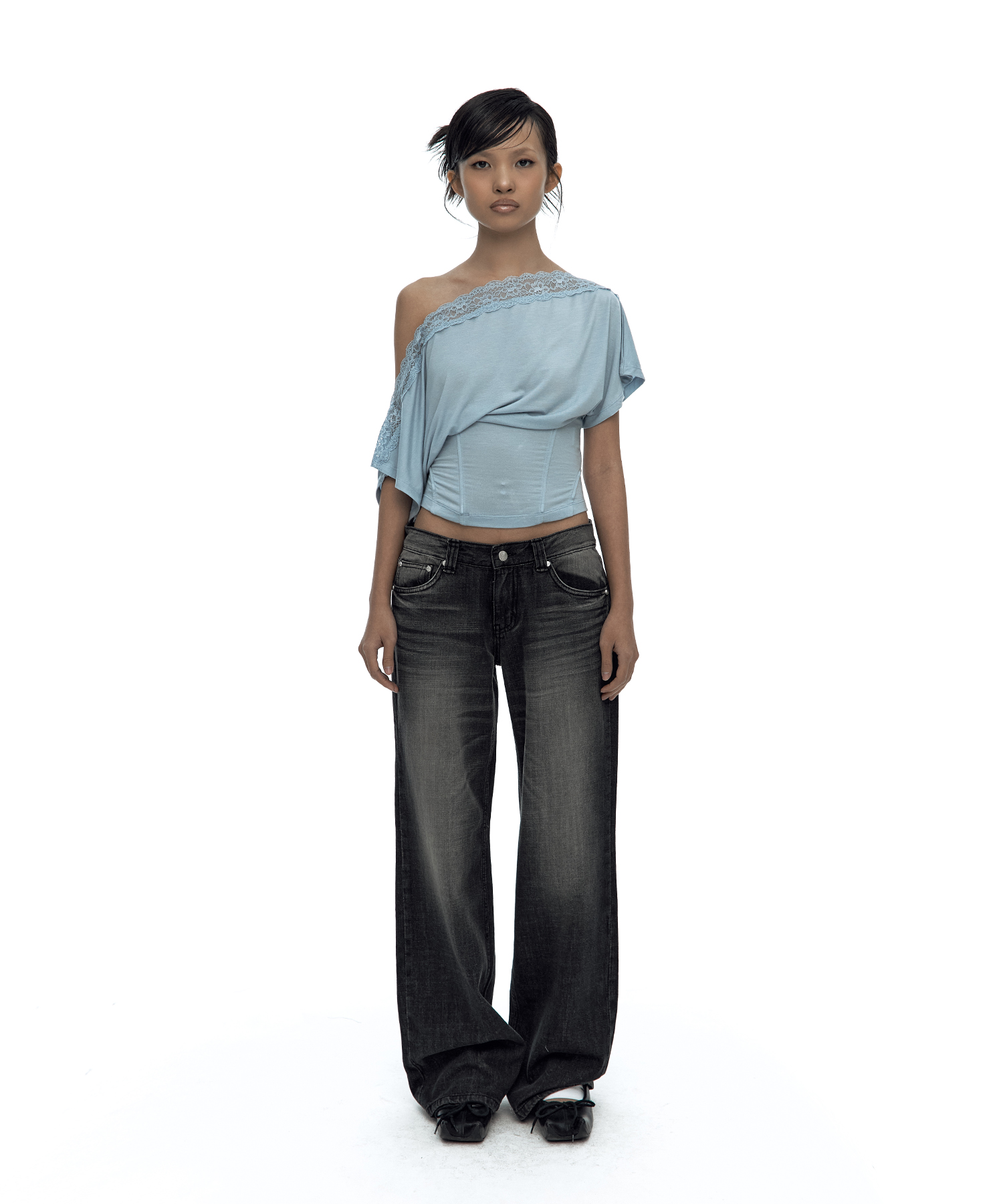 Lace One Shoulder Corset Tee Sky Blue
