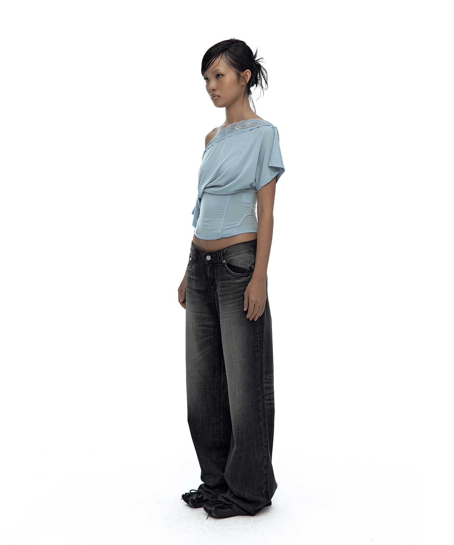 Lace One Shoulder Corset Tee Sky Blue
