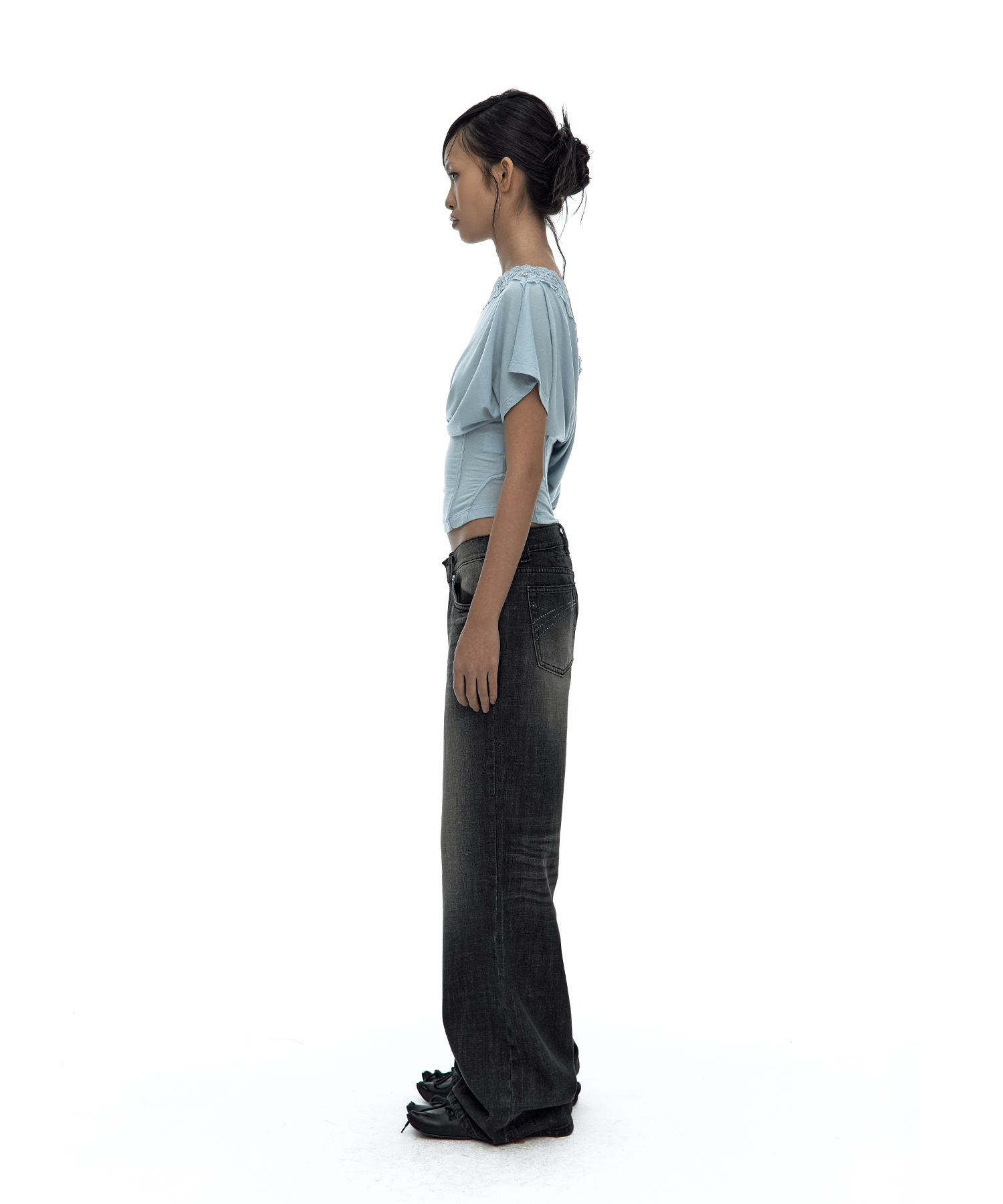 Lace One Shoulder Corset Tee Sky Blue