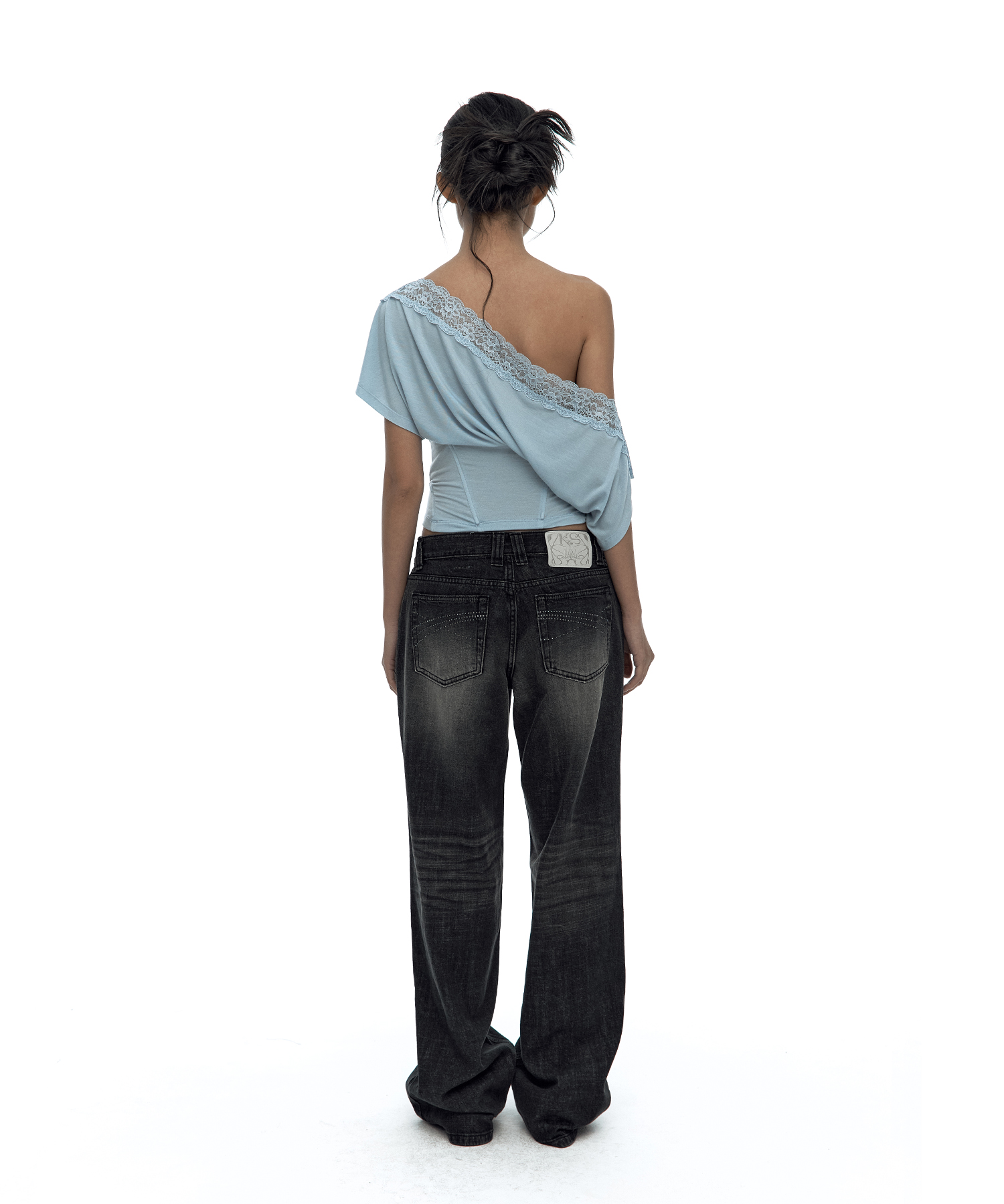 Lace One Shoulder Corset Tee Sky Blue