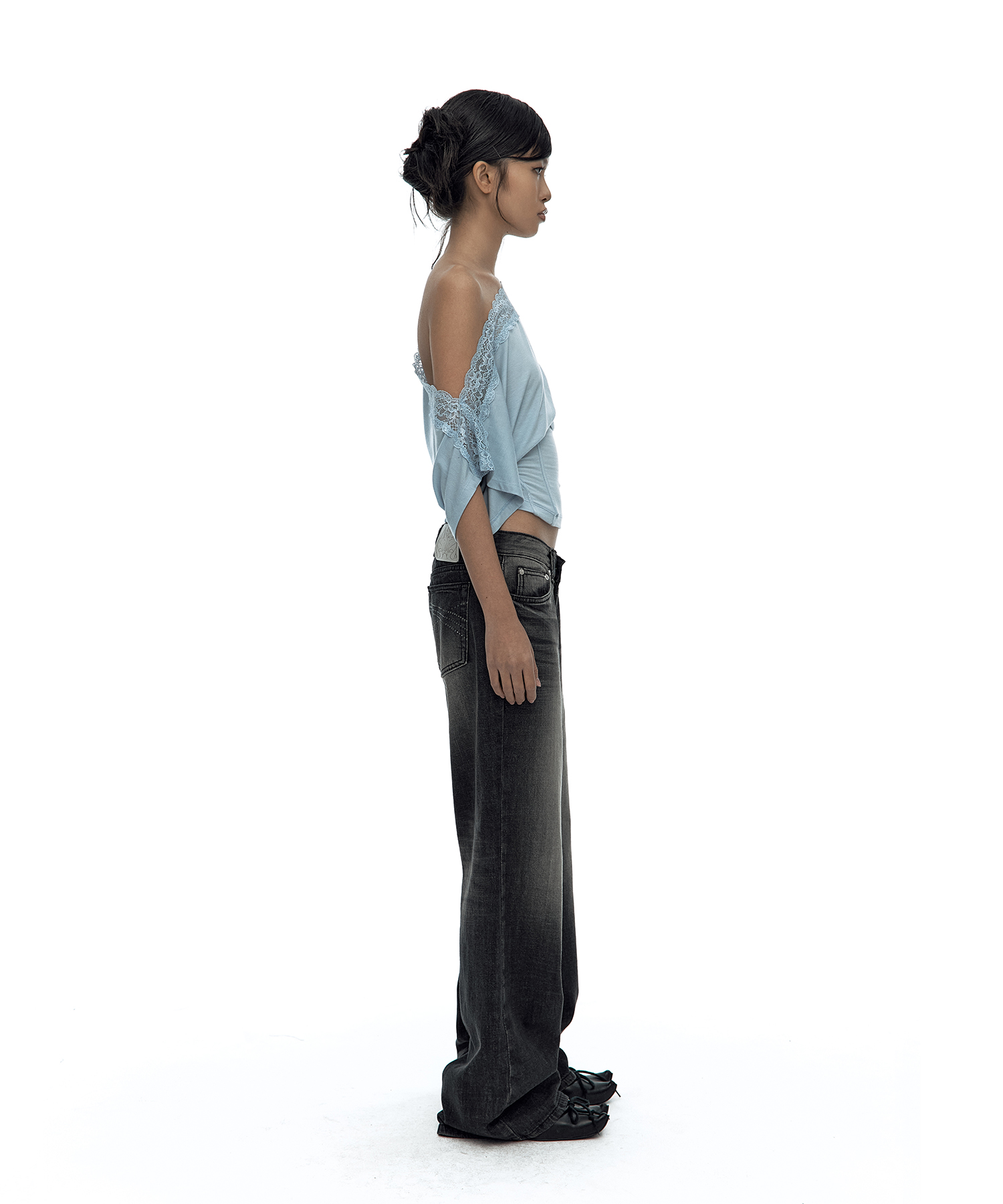 Lace One Shoulder Corset Tee Sky Blue