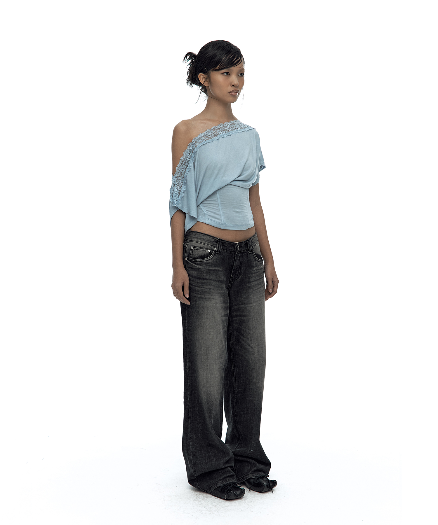 Lace One Shoulder Corset Tee Sky Blue