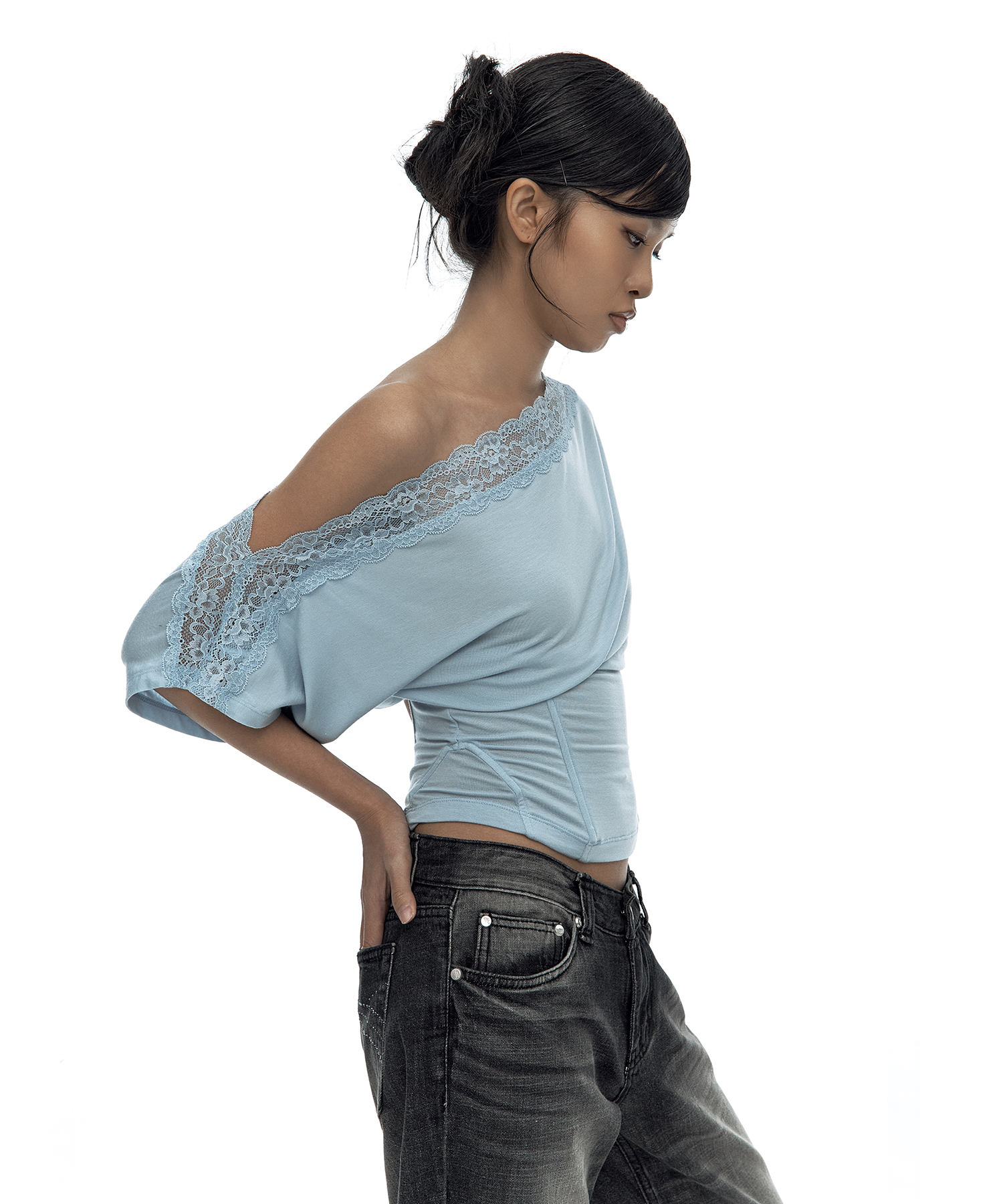 Lace One Shoulder Corset Tee Sky Blue