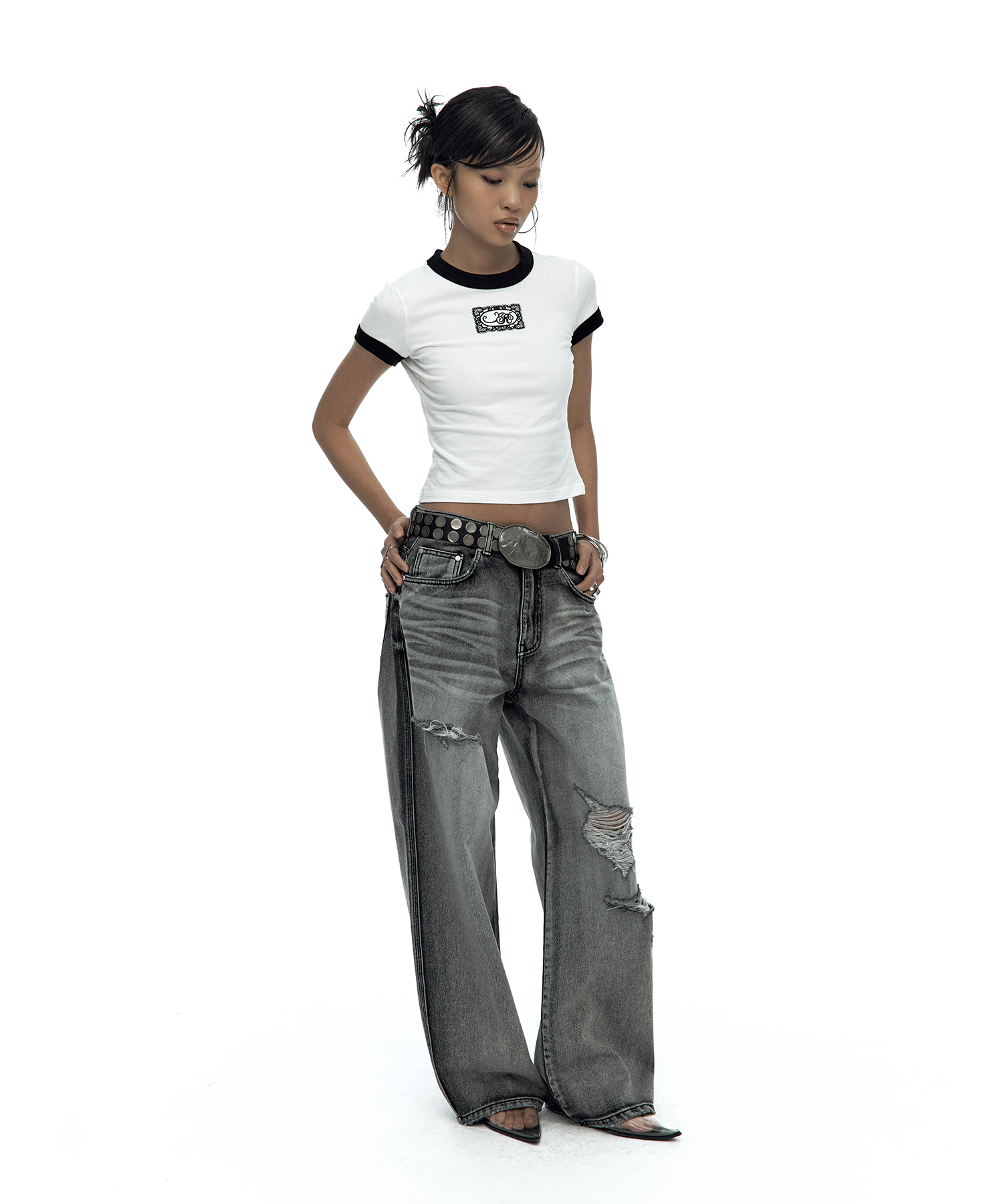 Lace Embroidered Ringer Tee White