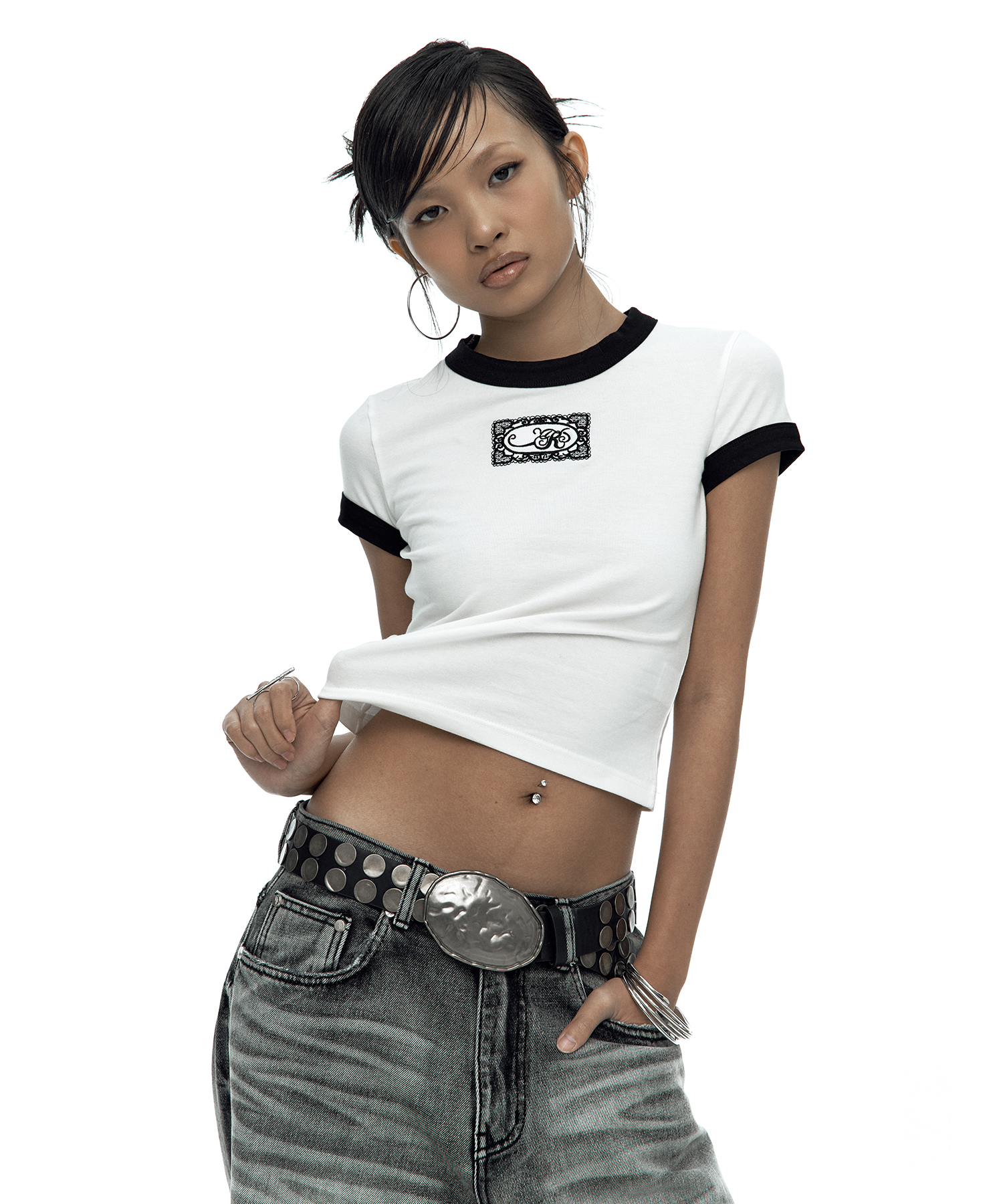 Lace Embroidered Ringer Tee White