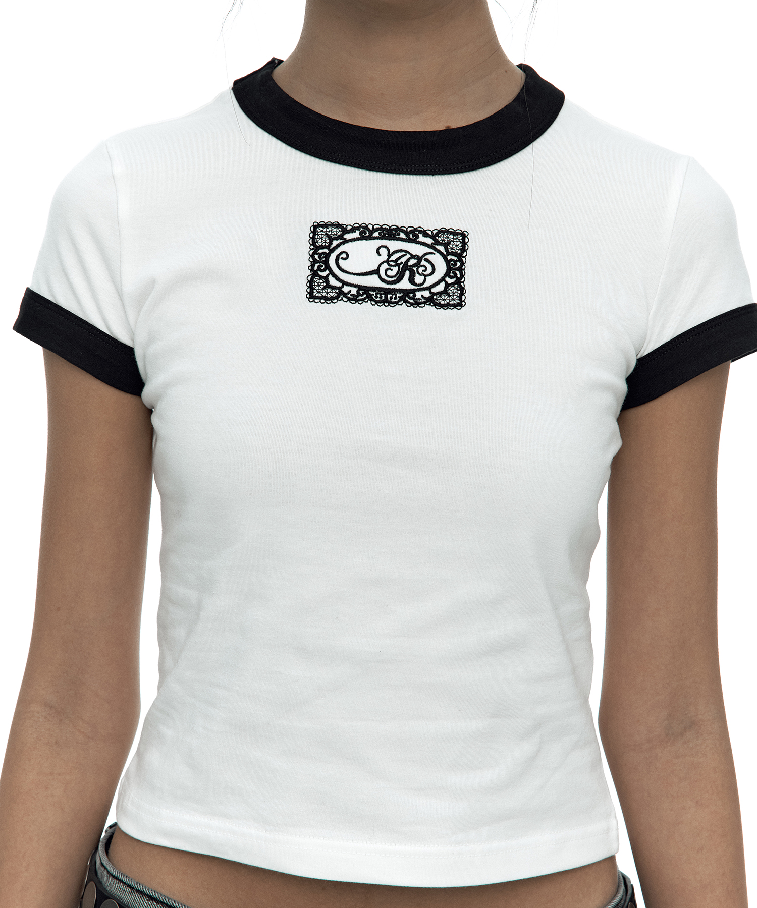 Lace Embroidered Ringer Tee White